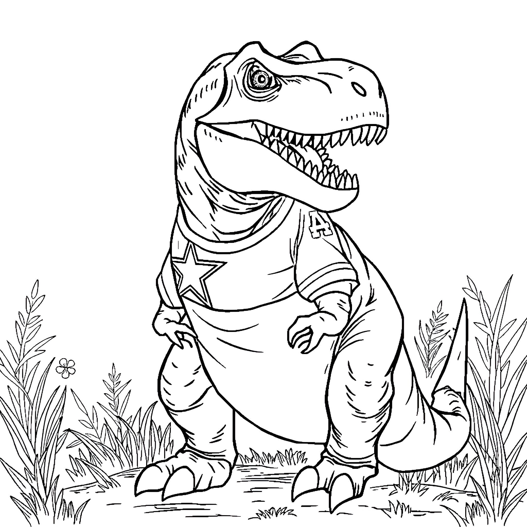 T-Rex Wearing Costume in Jungle Landscape Coloring Page (free black-and-white line drawing printable PDF for all, from beginners to advanced learners, including children, teens, adults, and seniors)