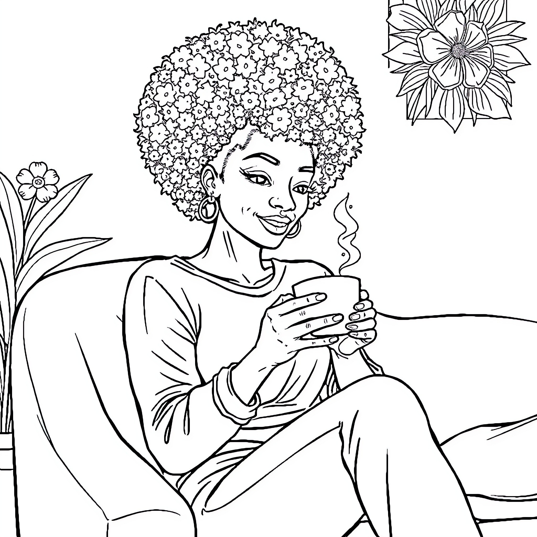Woman enjoying a hot beverage in a floral setting Coloring Page (free black-and-white line drawing printable PDF for all, from beginners to advanced learners, including children, teens, adults, and seniors)