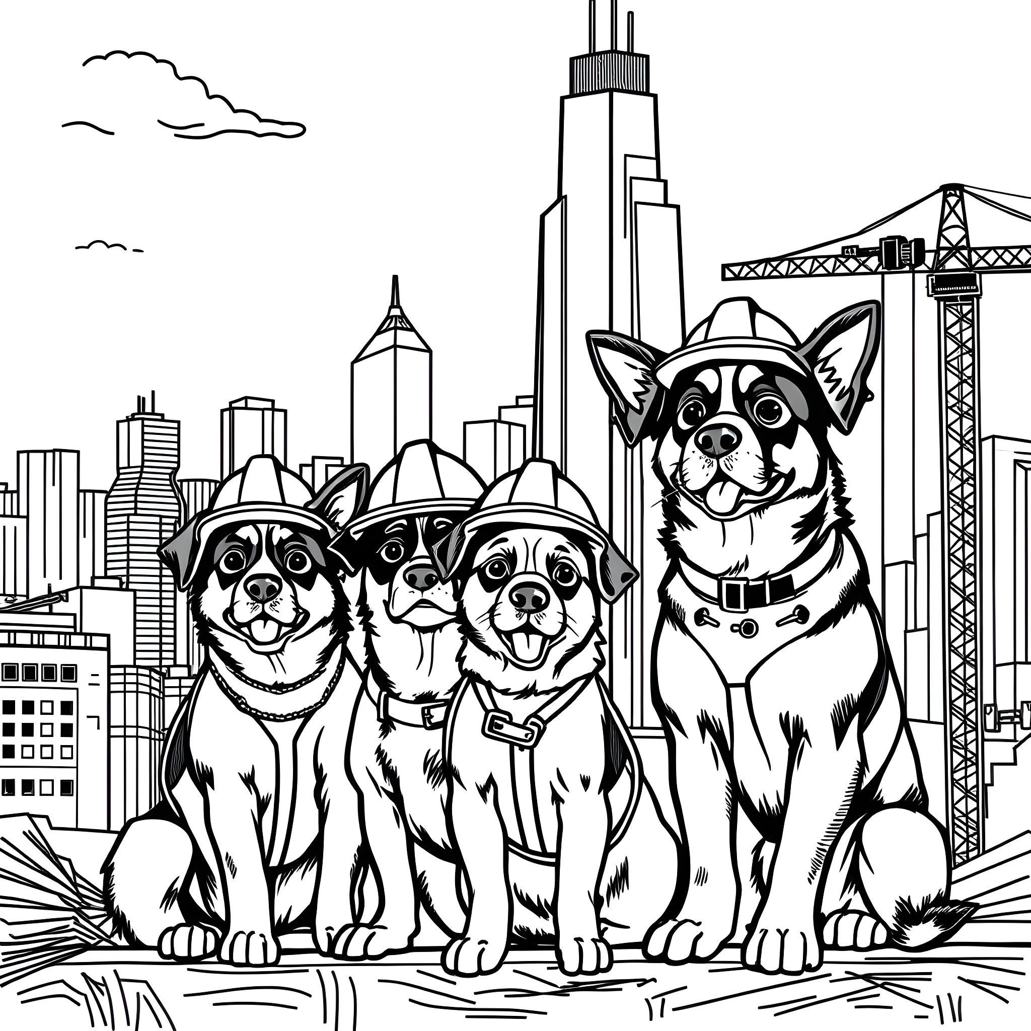 Dogs in hats posing in front of a city skyline Coloring Page (free black-and-white line drawing printable PDF for all, from beginners to advanced learners, including children, teens, adults, and seniors)