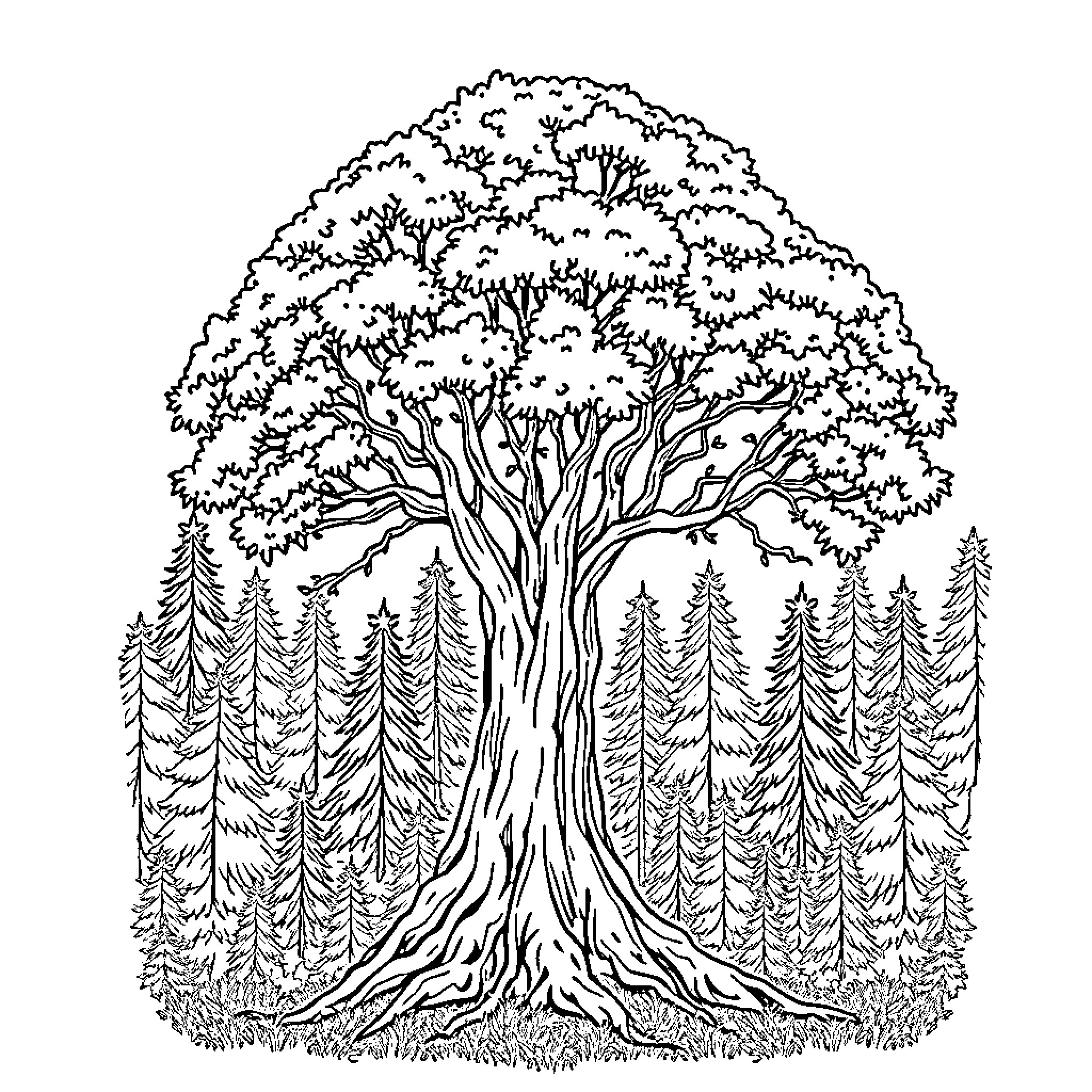 Tree with Lush Foliage in Tranquil Forest Coloring Page (free black-and-white line drawing printable PDF for all, from beginners to advanced learners, including children, teens, adults, and seniors)