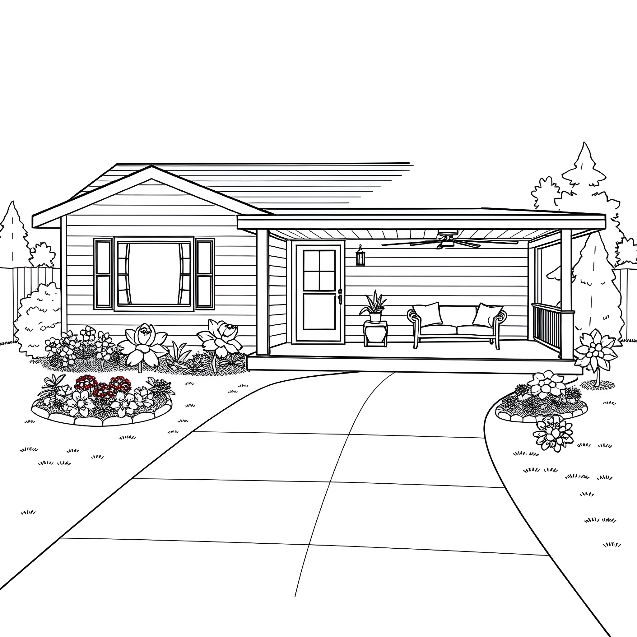 Home Adorned with Flowers and Porch Seating Coloring Page (free black-and-white line drawing printable PDF for all, from beginners to advanced learners, including children, teens, adults, and seniors)