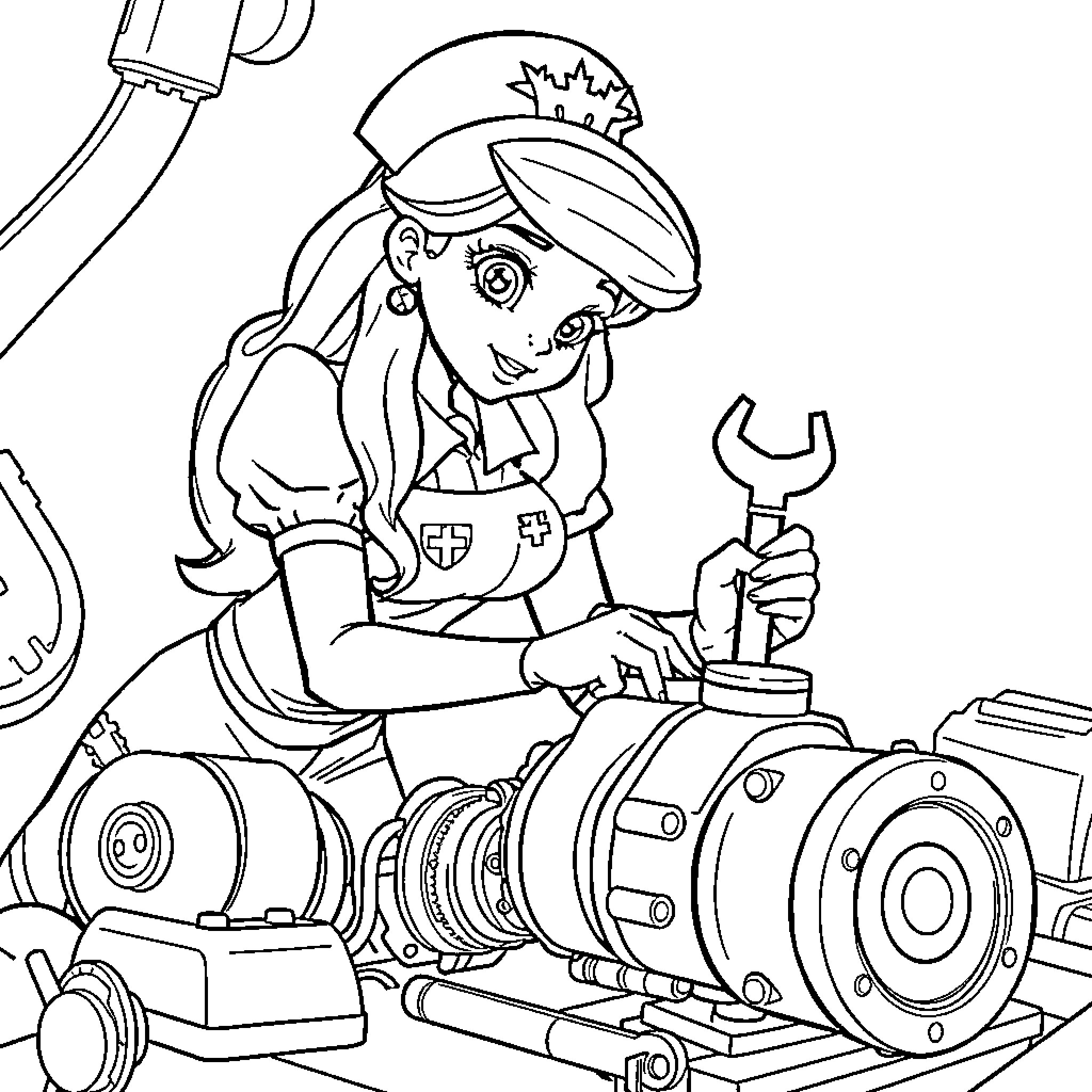 Princess Mechanic Repairing Machinery Coloring Page (free black-and-white line drawing printable PDF for all, from beginners to advanced learners, including children, teens, adults, and seniors)