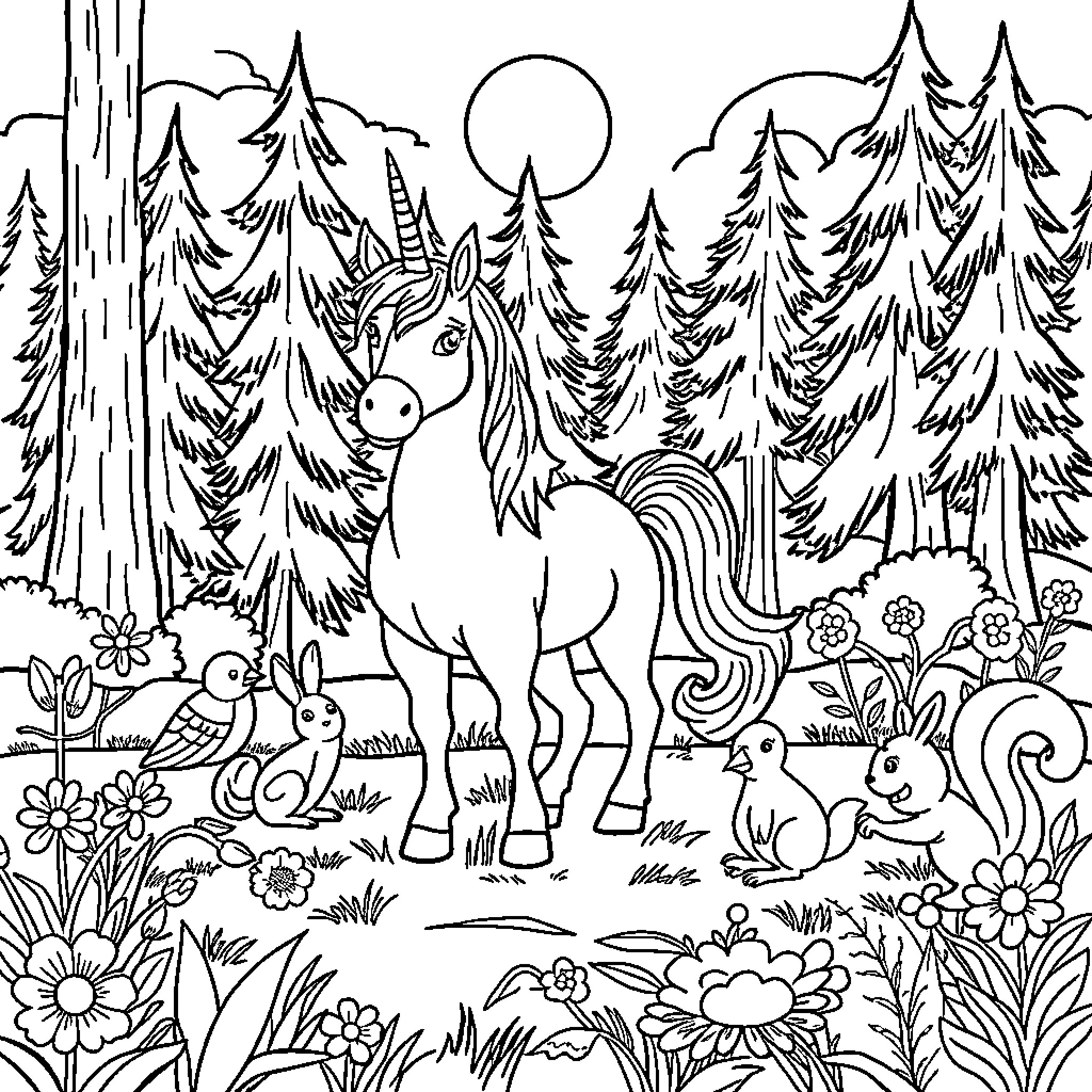 Unicorn among woodland creatures and flowers Coloring Page (free black-and-white line drawing printable PDF for all, from beginners to advanced learners, including children, teens, adults, and seniors)