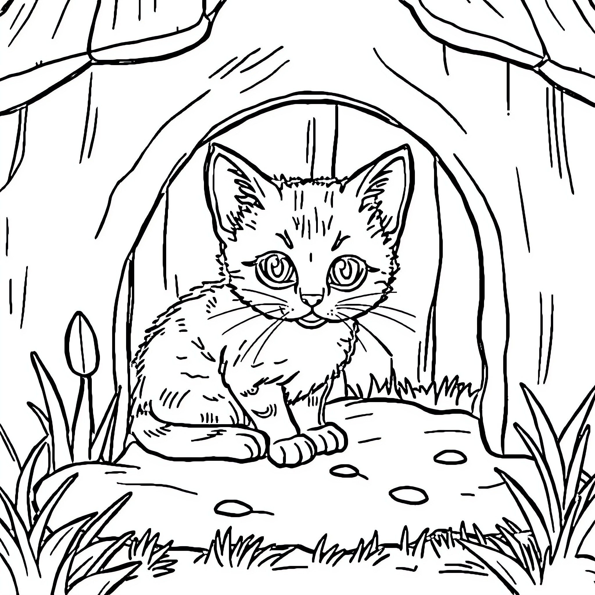 Gato in a cozy woodland nook Coloring Page (free black-and-white line drawing printable PDF for all, from beginners to advanced learners, including children, teens, adults, and seniors)