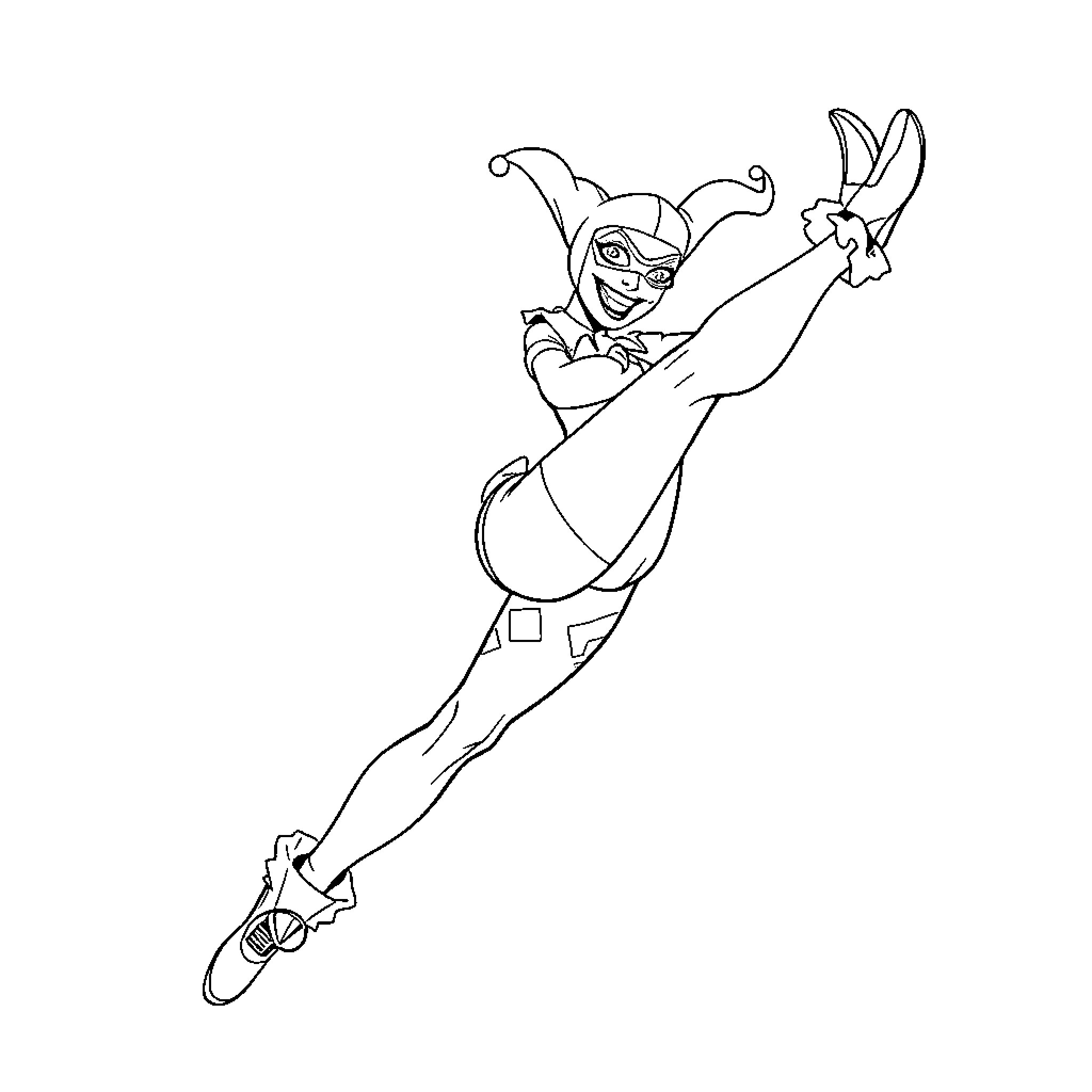 Harley Quinn in action-packed pose Coloring Page (free black-and-white line drawing printable PDF for all, from beginners to advanced learners, including children, teens, adults, and seniors)