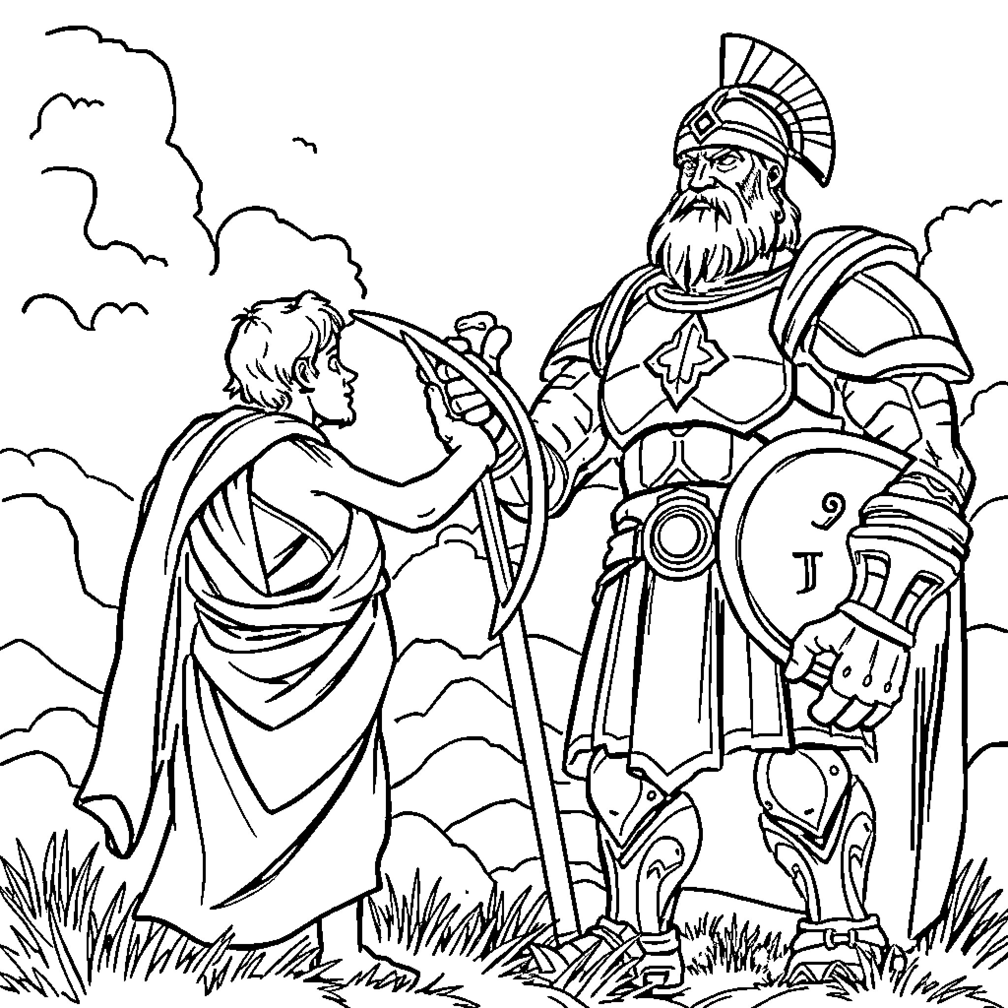 David conversing with a noble warrior in the wilderness Coloring Page (free black-and-white line drawing printable PDF for all, from beginners to advanced learners, including children, teens, adults, and seniors)