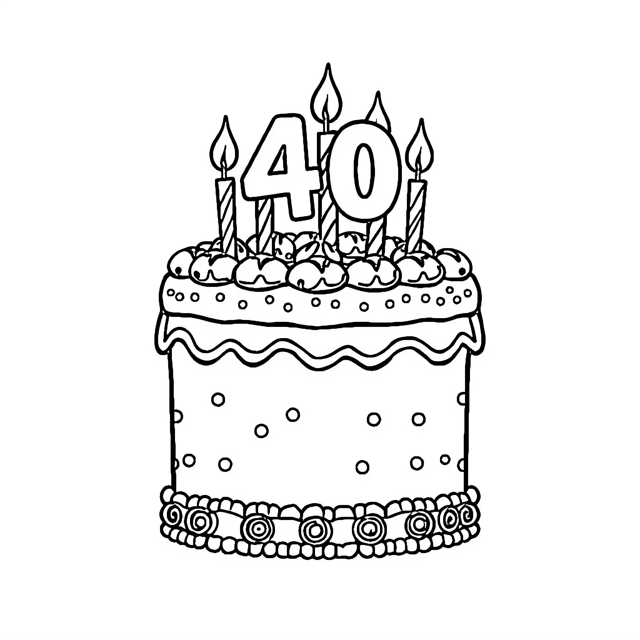 Birthday Cake Celebrating a 40th Anniversary Coloring Page (free black-and-white line drawing printable PDF for all, from beginners to advanced learners, including children, teens, adults, and seniors)