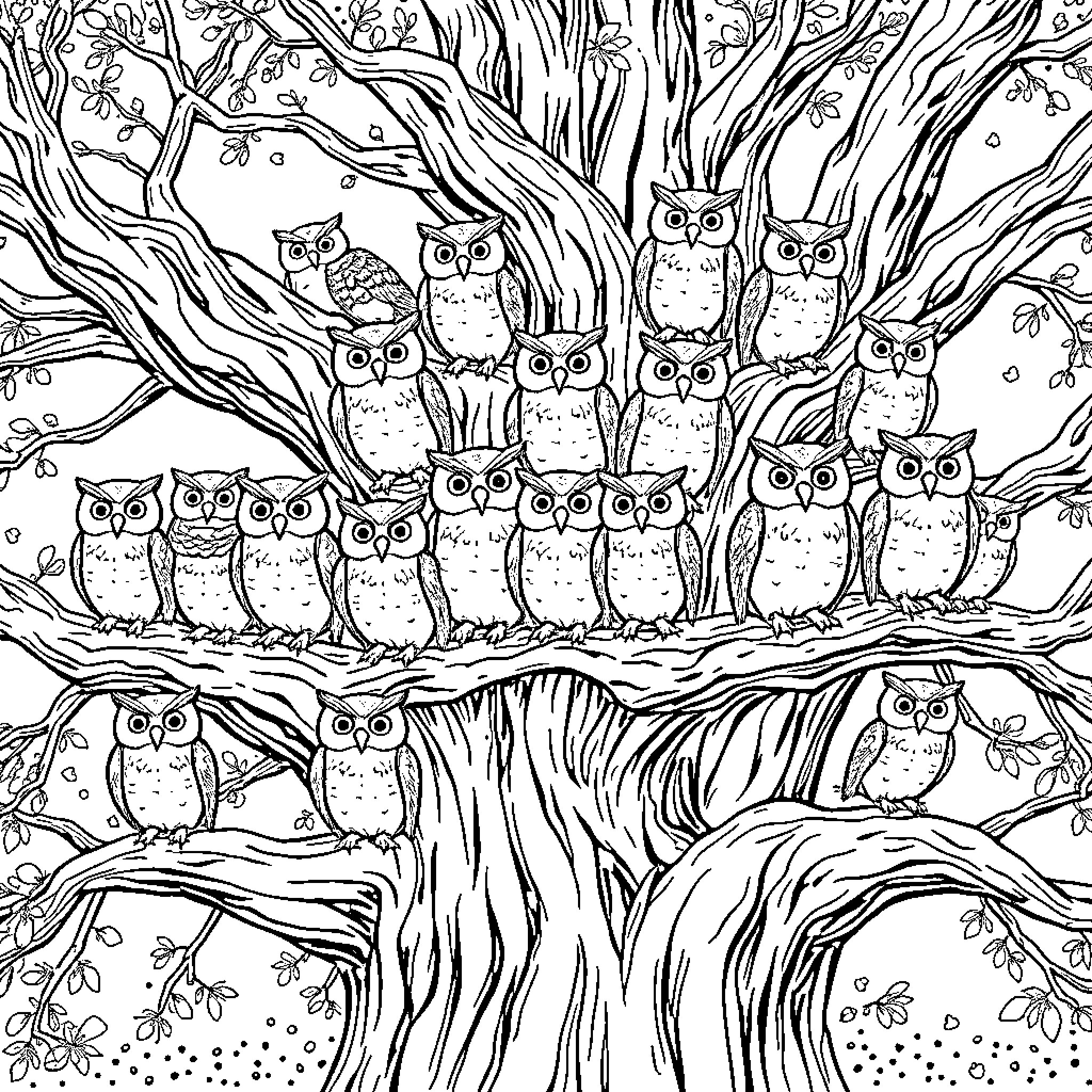 Owl Gathering in the Enchanted Forest Coloring Page (free black-and-white line drawing printable PDF for all, from beginners to advanced learners, including children, teens, adults, and seniors)