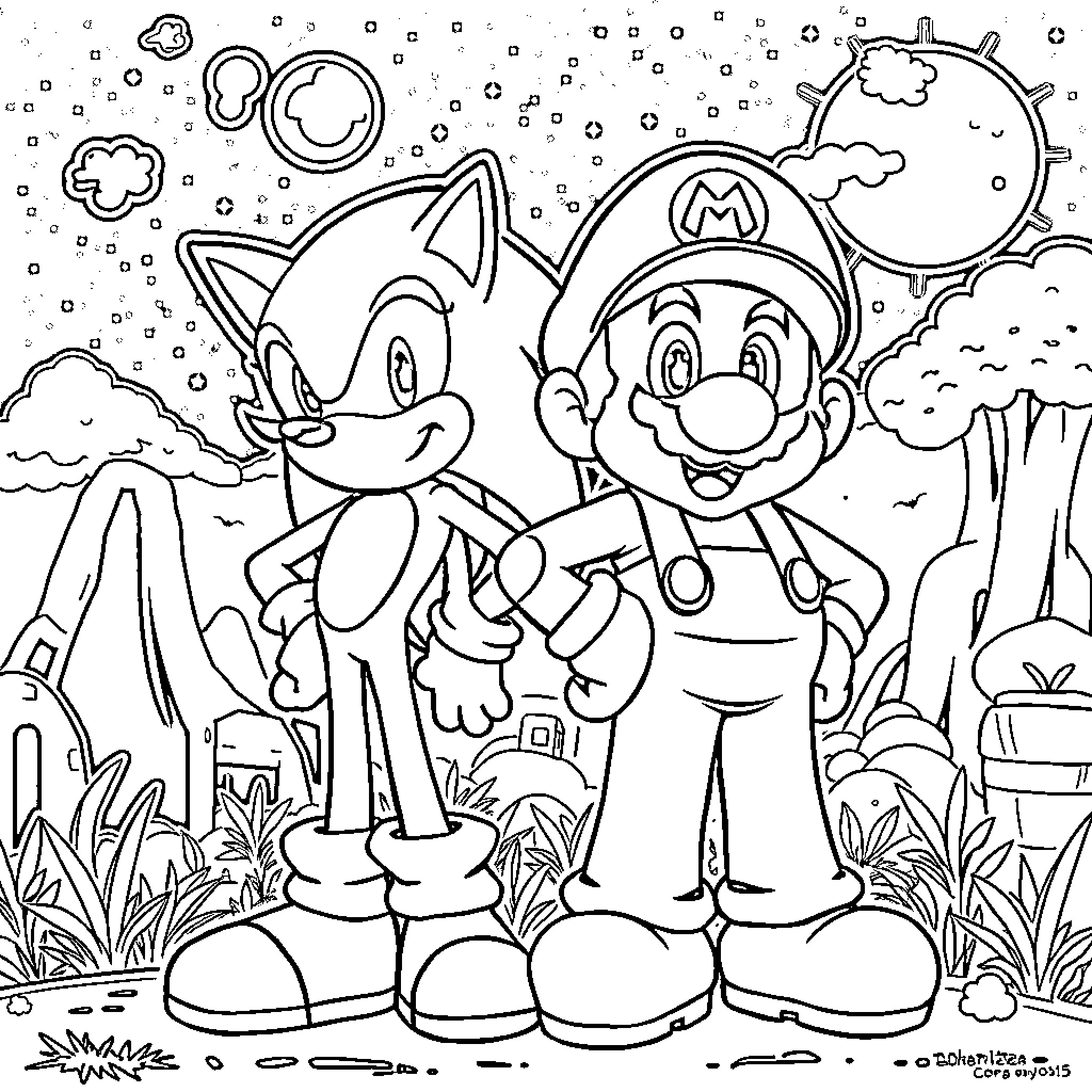 Sonic and Mario in an adventure landscape Coloring Page (free black-and-white line drawing printable PDF for all, from beginners to advanced learners, including children, teens, adults, and seniors)