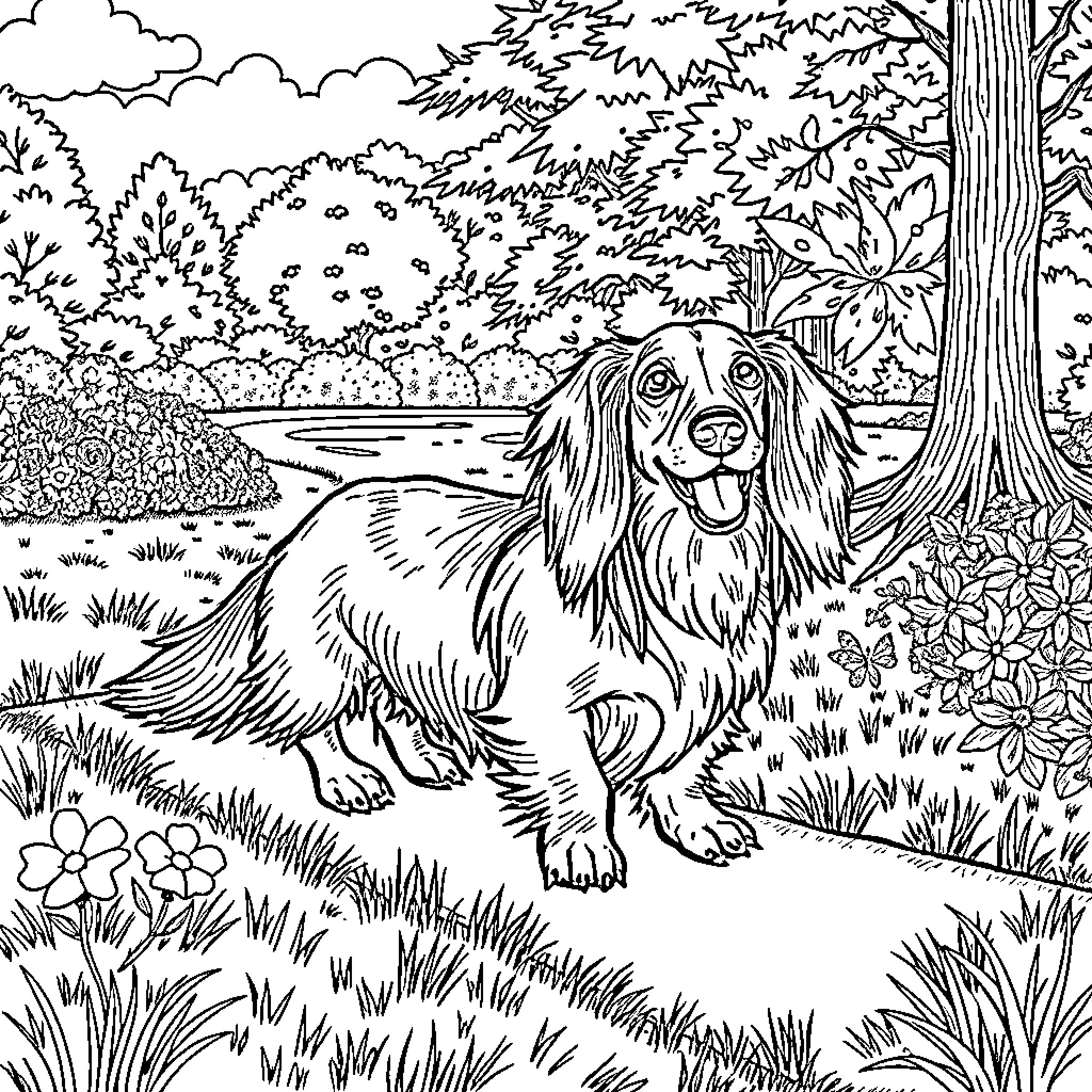Dachshund exploring lush forest landscape Coloring Page (free black-and-white line drawing printable PDF for all, from beginners to advanced learners, including children, teens, adults, and seniors)