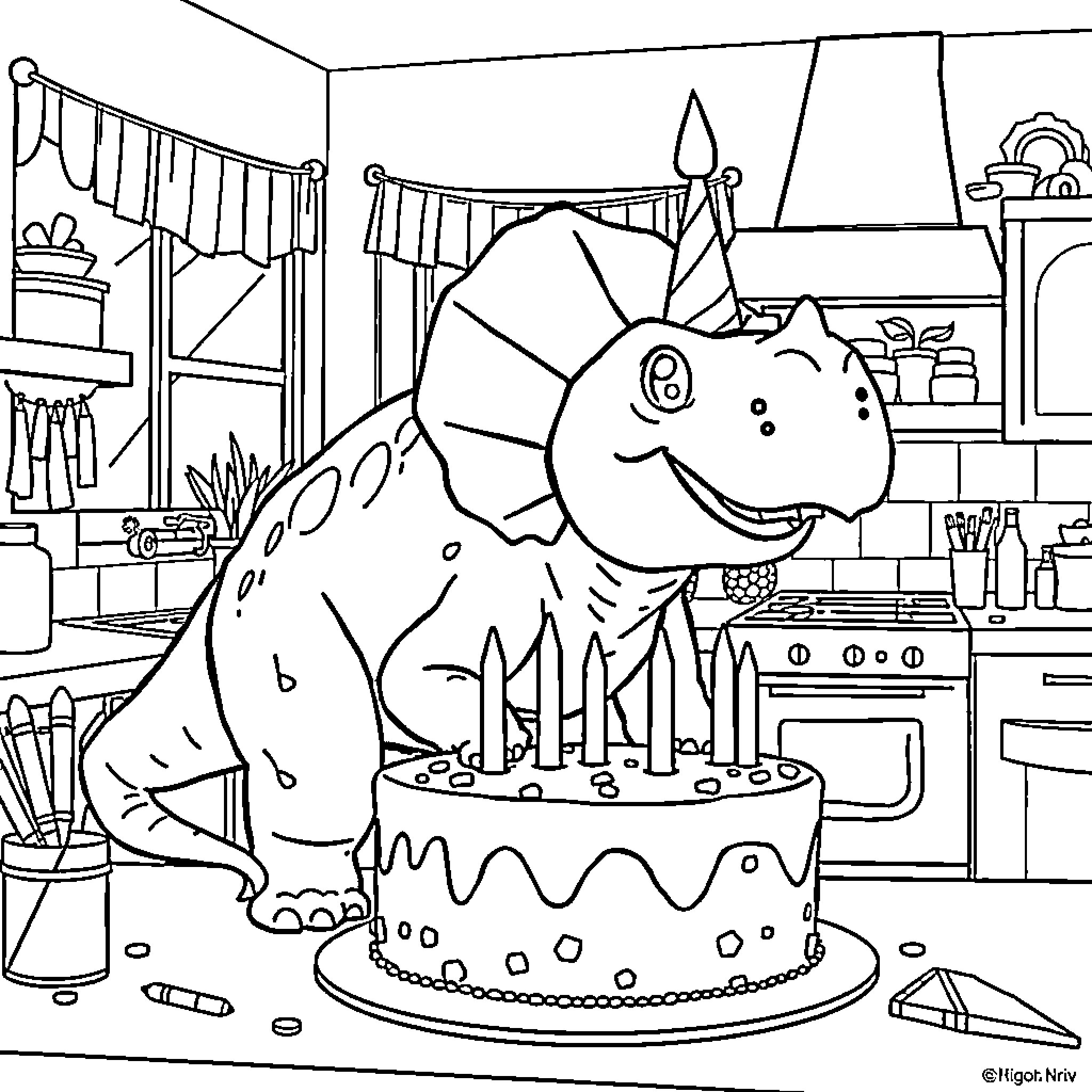 Triceratops enjoying a birthday cake in the kitchen Coloring Page (free black-and-white line drawing printable PDF for all, from beginners to advanced learners, including children, teens, adults, and seniors)