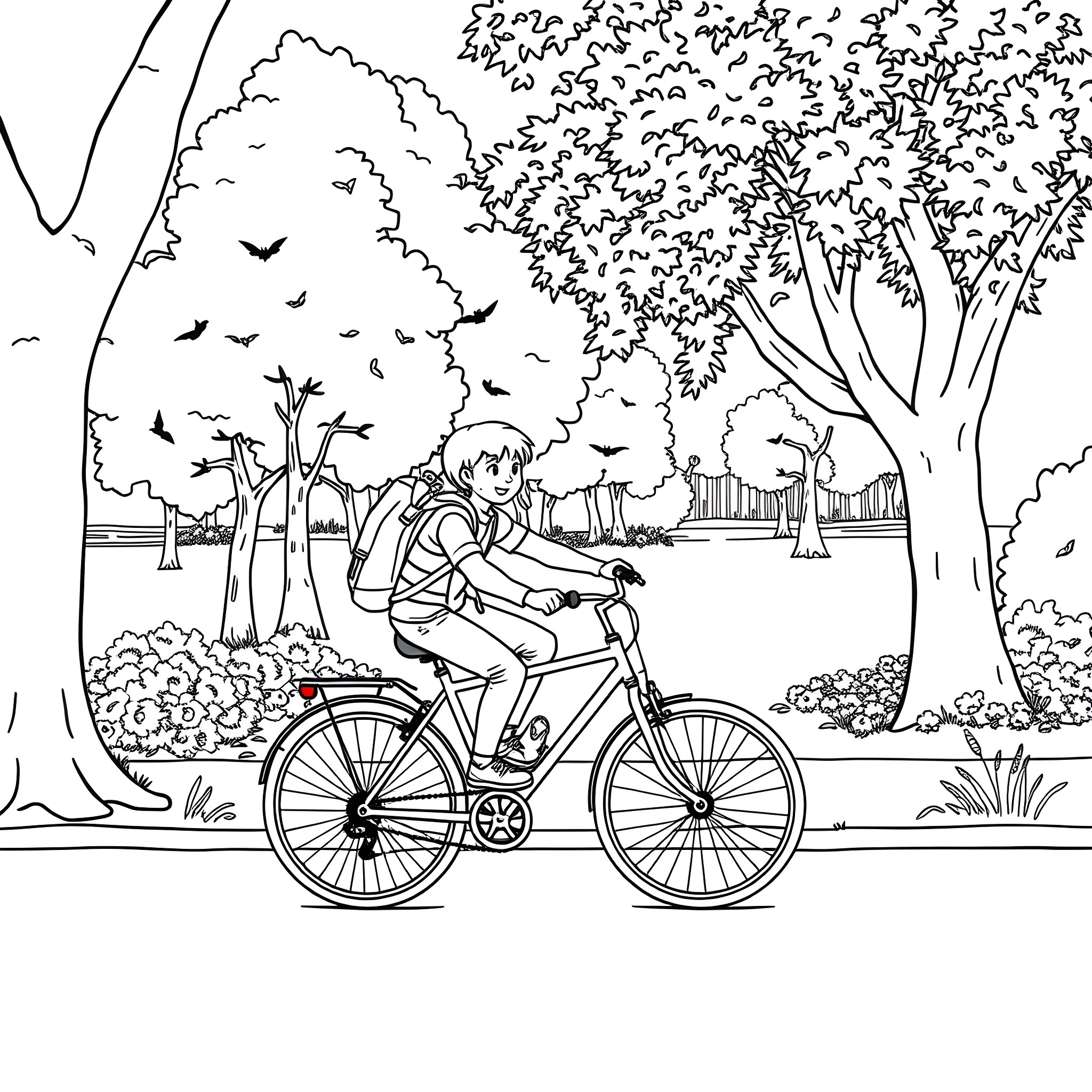 Benjamin Blümchen riding a bicycle in the park Coloring Page (free black-and-white line drawing printable PDF for all, from beginners to advanced learners, including children, teens, adults, and seniors)