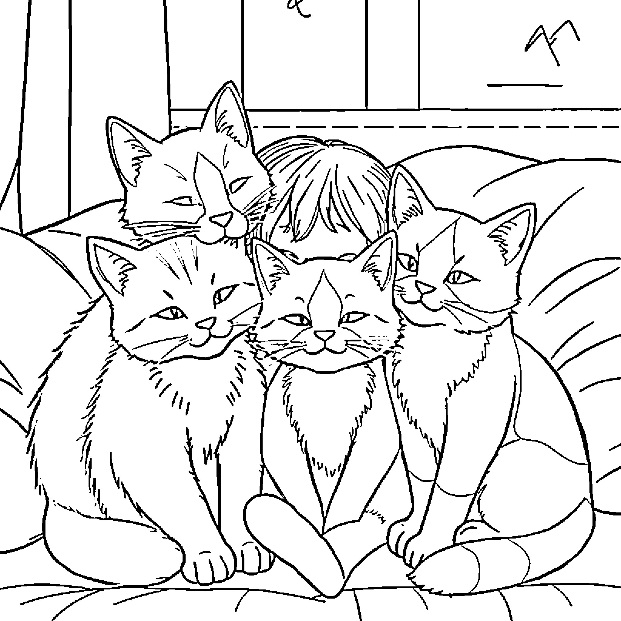 Cat Companions Cuddling Cozily Coloring Page (free black-and-white line drawing printable PDF for all, from beginners to advanced learners, including children, teens, adults, and seniors)