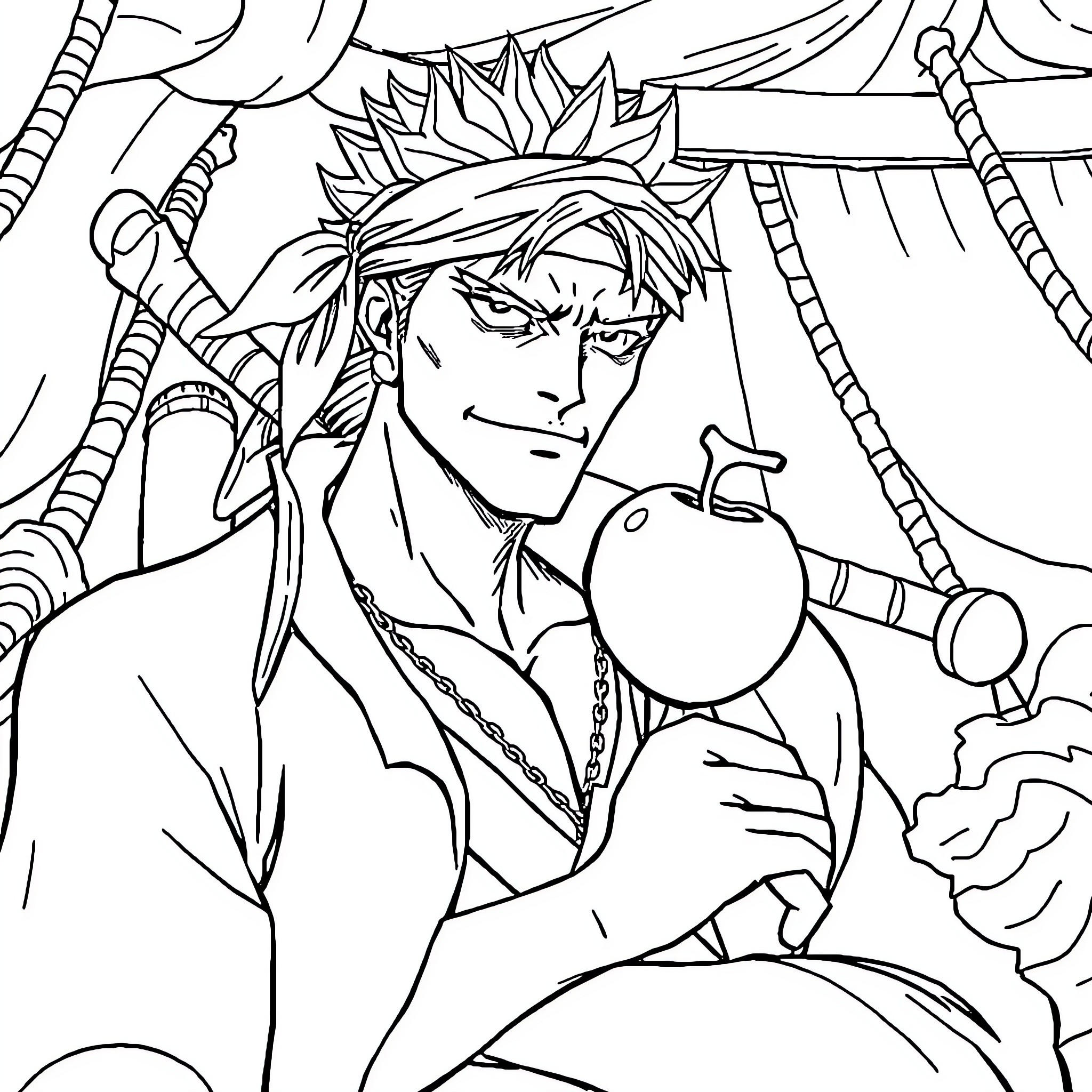 Roronoa Zoro in a Fierce Warrior Stance Coloring Page (free black-and-white line drawing printable PDF for all, from beginners to advanced learners, including children, teens, adults, and seniors)