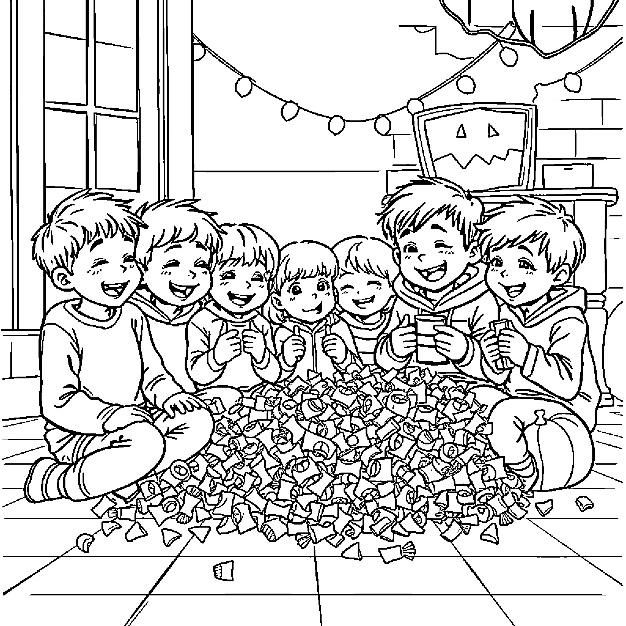 Kid friends playing with building blocks at home Coloring Page (free black-and-white line drawing printable PDF for all, from beginners to advanced learners, including children, teens, adults, and seniors)