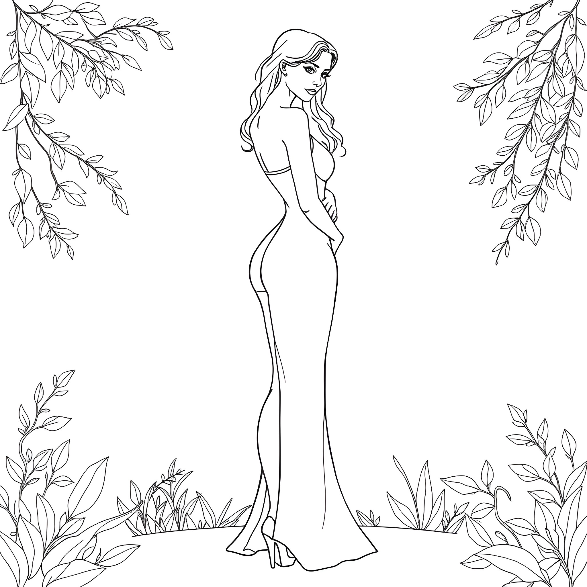 Woman in elegant dress in nature setting Coloring Page (free black-and-white line drawing printable PDF for all, from beginners to advanced learners, including children, teens, adults, and seniors)