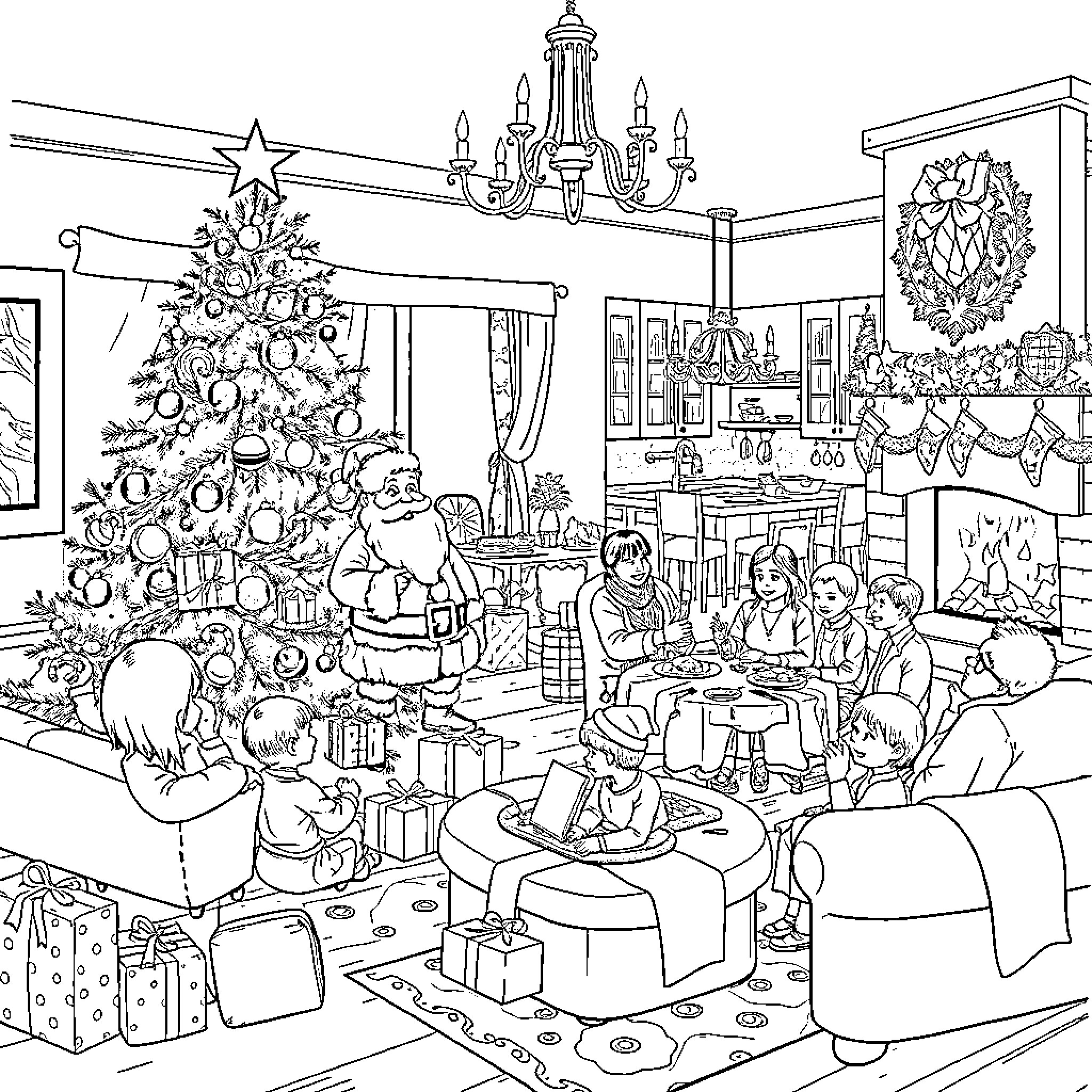 Christmas Tree Celebration with Family and Gifts Coloring Page (free black-and-white line drawing printable PDF for all, from beginners to advanced learners, including children, teens, adults, and seniors)