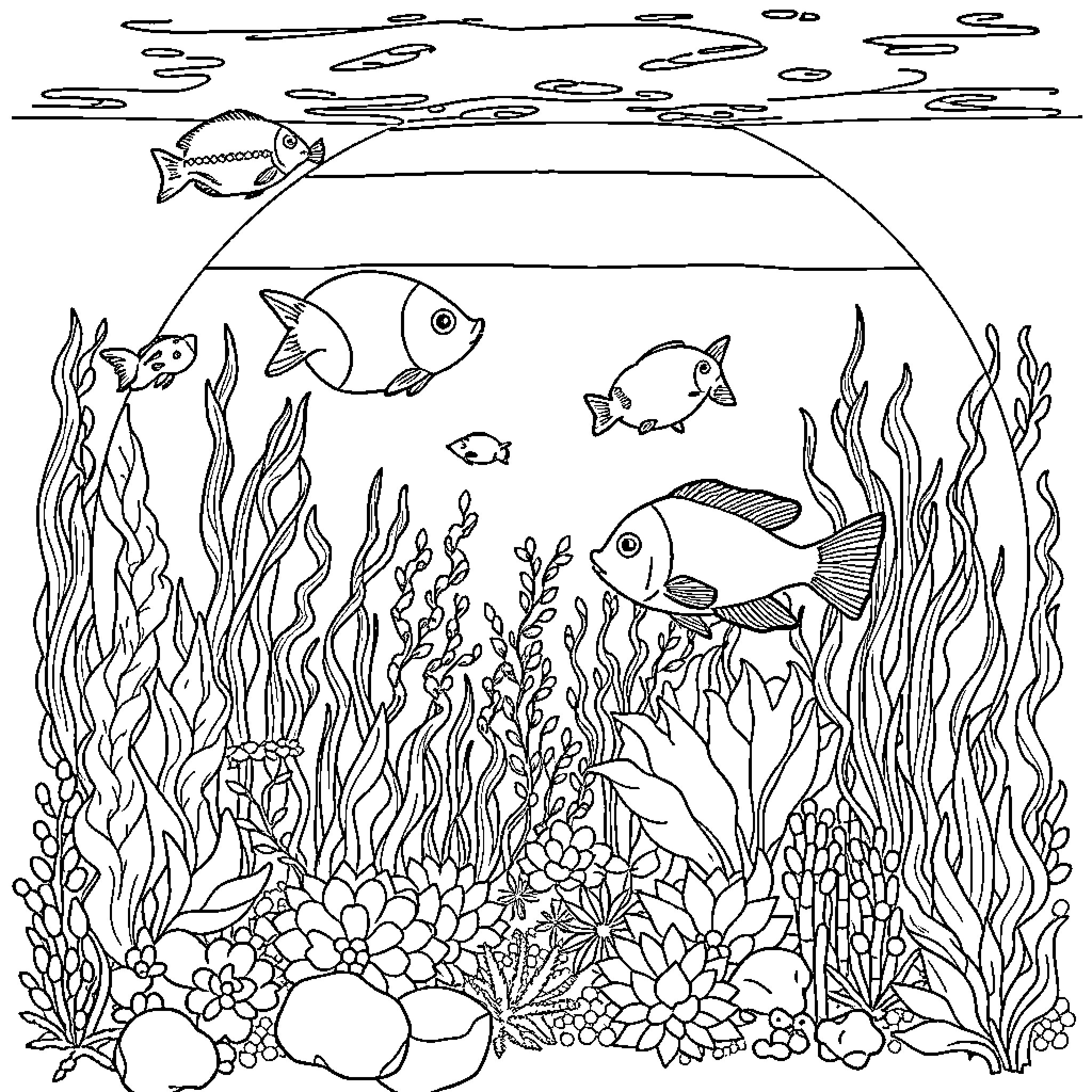 Aquarium with Vibrant Underwater Life Coloring Page (free black-and-white line drawing printable PDF for all, from beginners to advanced learners, including children, teens, adults, and seniors)