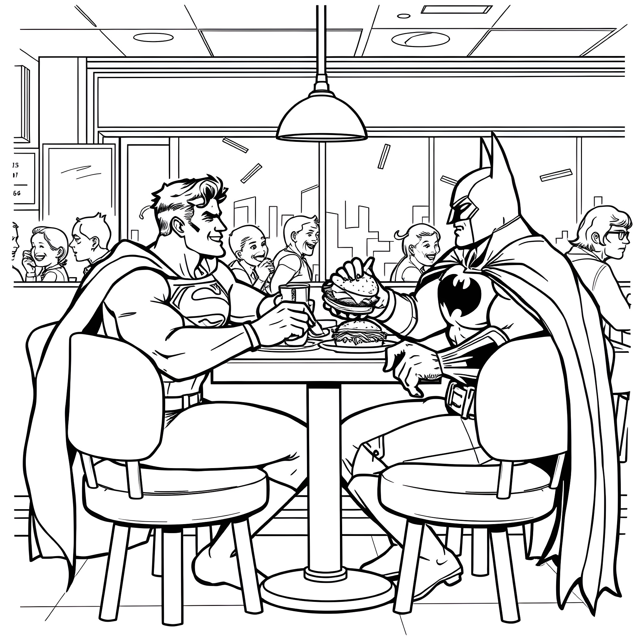 Superman and Batman sharing a meal with friends Coloring Page (free black-and-white line drawing printable PDF for all, from beginners to advanced learners, including children, teens, adults, and seniors)