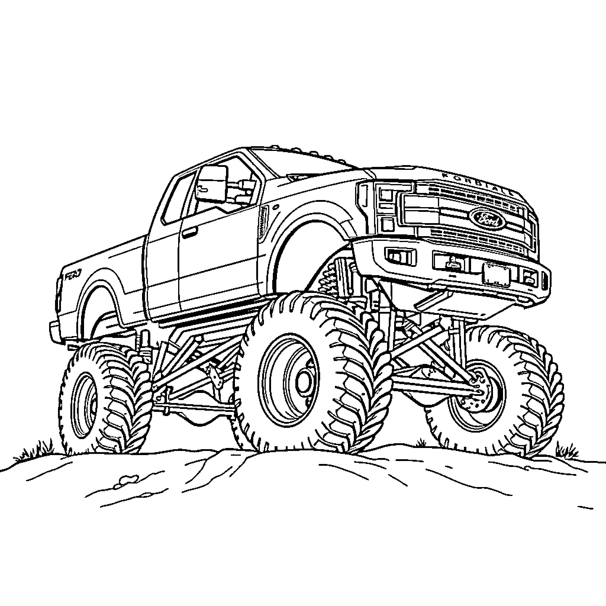 Ford F250 Monster Truck Off-Road Adventure Coloring Page (free black-and-white line drawing printable PDF for all, from beginners to advanced learners, including children, teens, adults, and seniors)