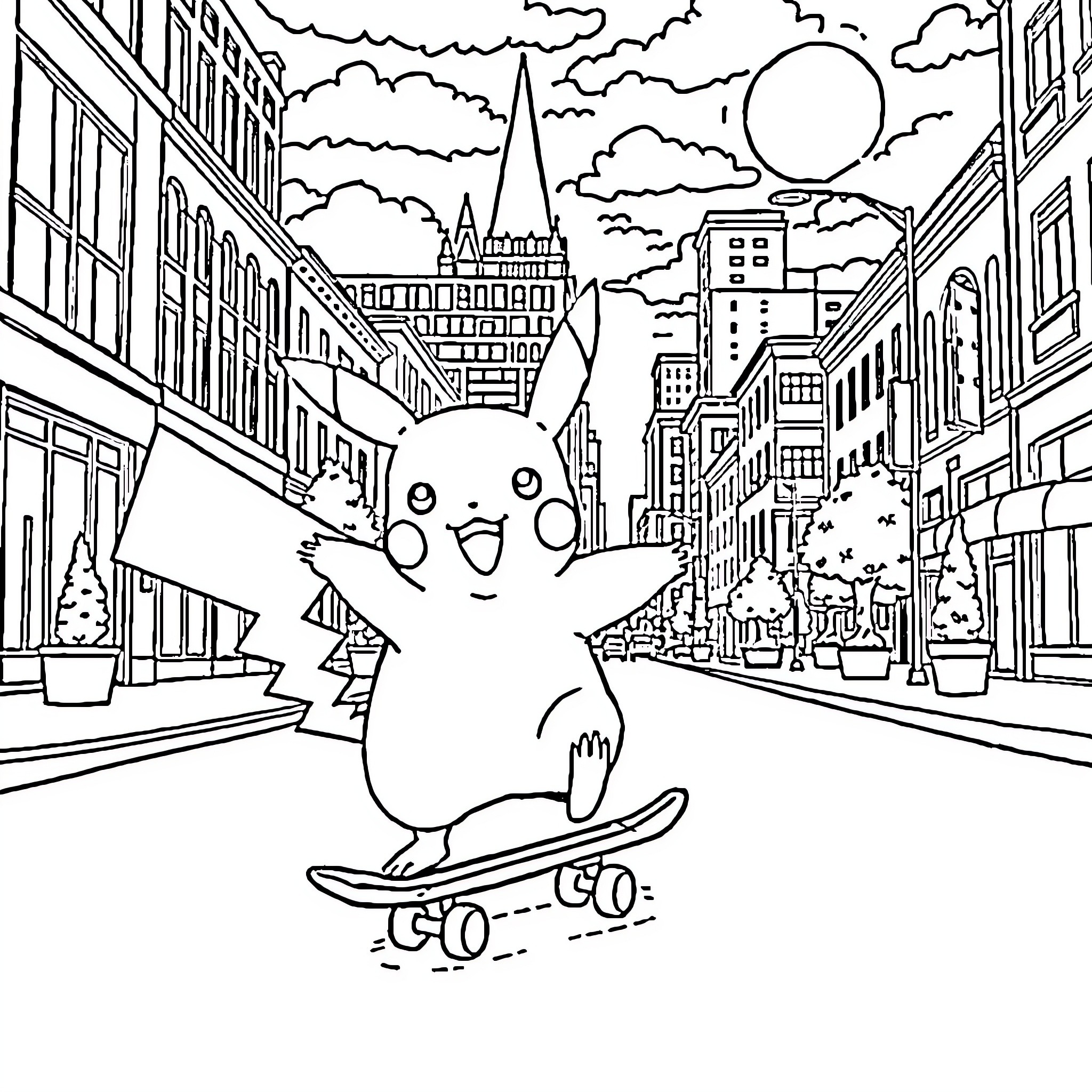 Pikachu skating joyfully through the city Coloring Page (free black-and-white line drawing printable PDF for all, from beginners to advanced learners, including children, teens, adults, and seniors)