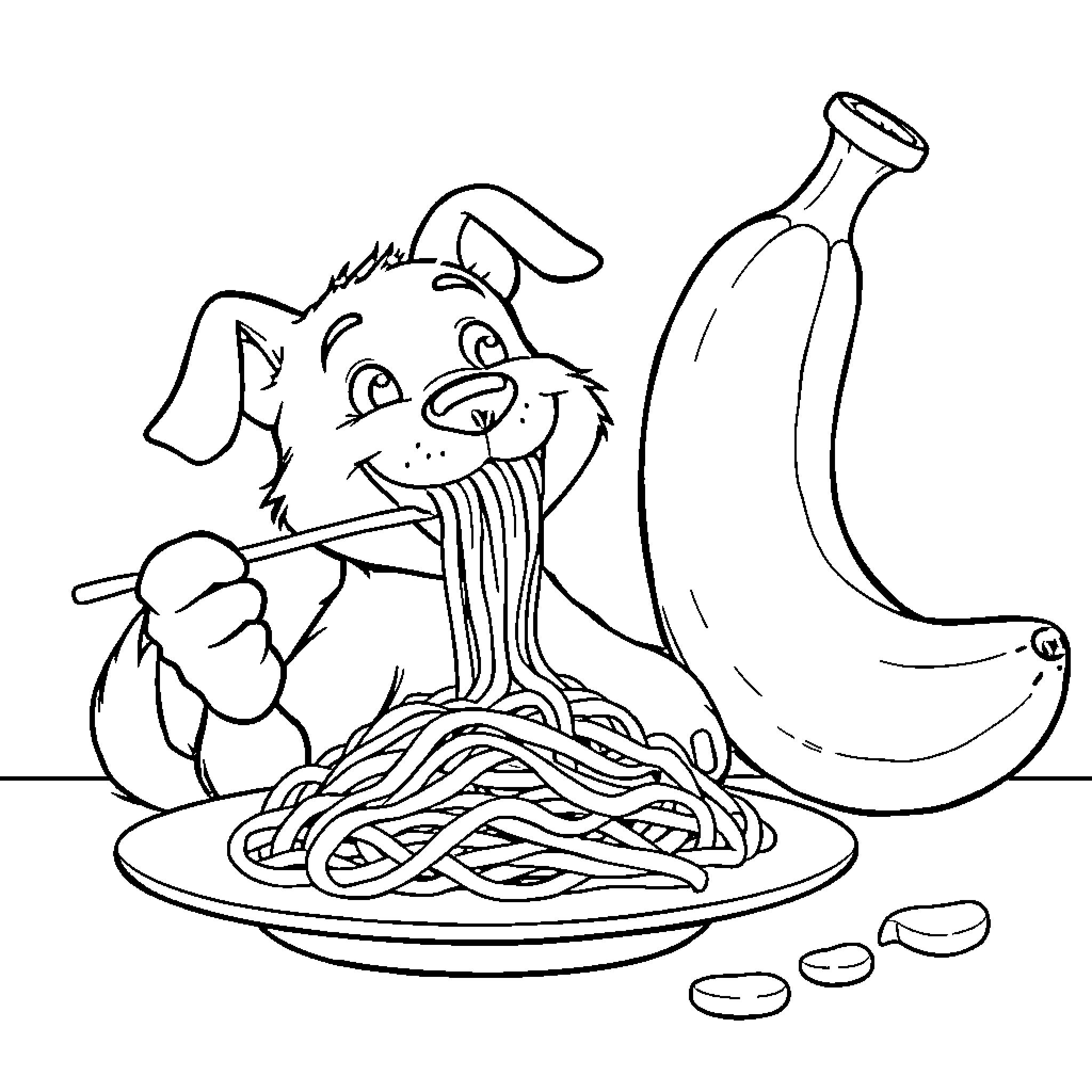 Dog Enjoying Spaghetti and Banana Snack Coloring Page (free black-and-white line drawing printable PDF for all, from beginners to advanced learners, including children, teens, adults, and seniors)