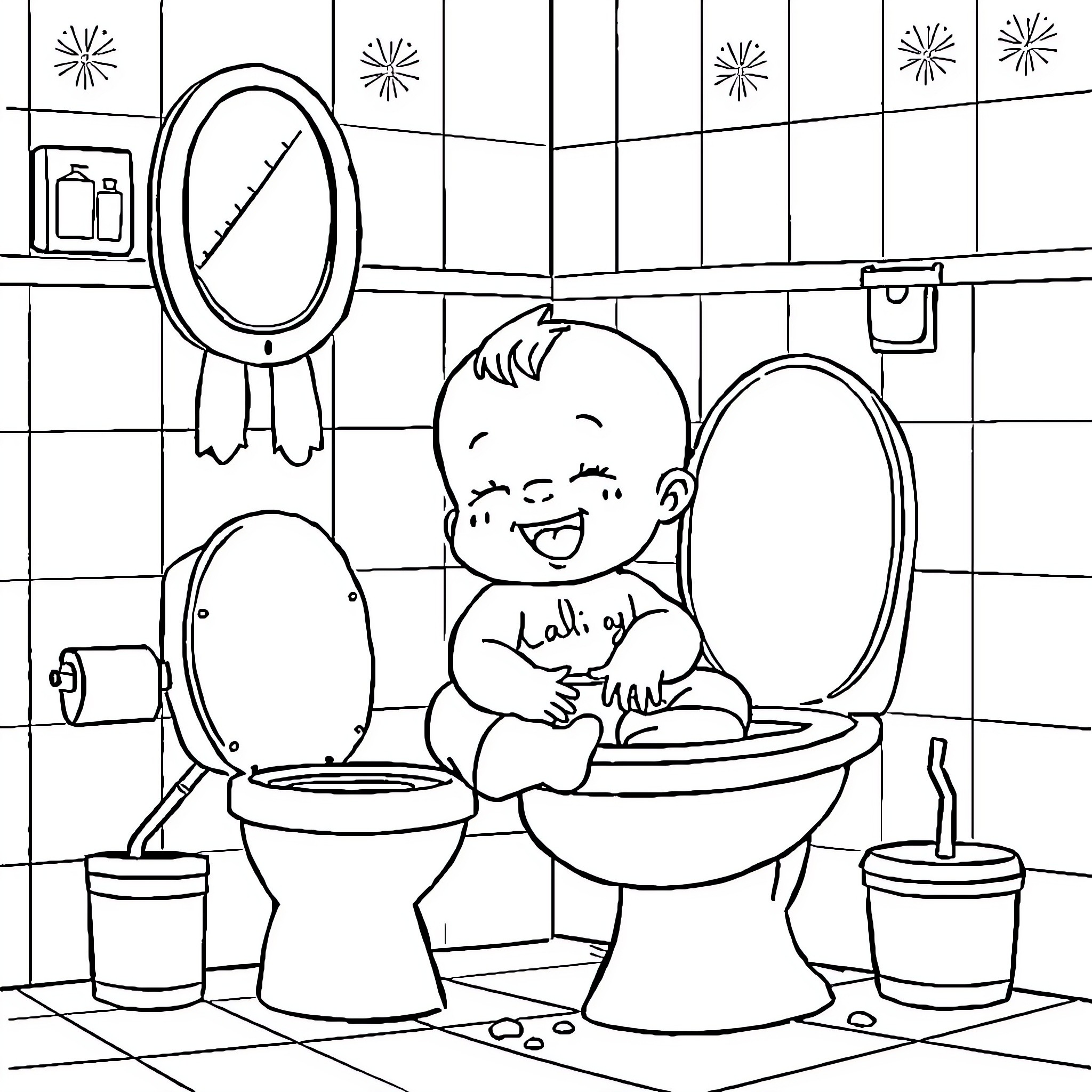 Bebe exploring the bathroom Coloring Page (free black-and-white line drawing printable PDF for all, from beginners to advanced learners, including children, teens, adults, and seniors)