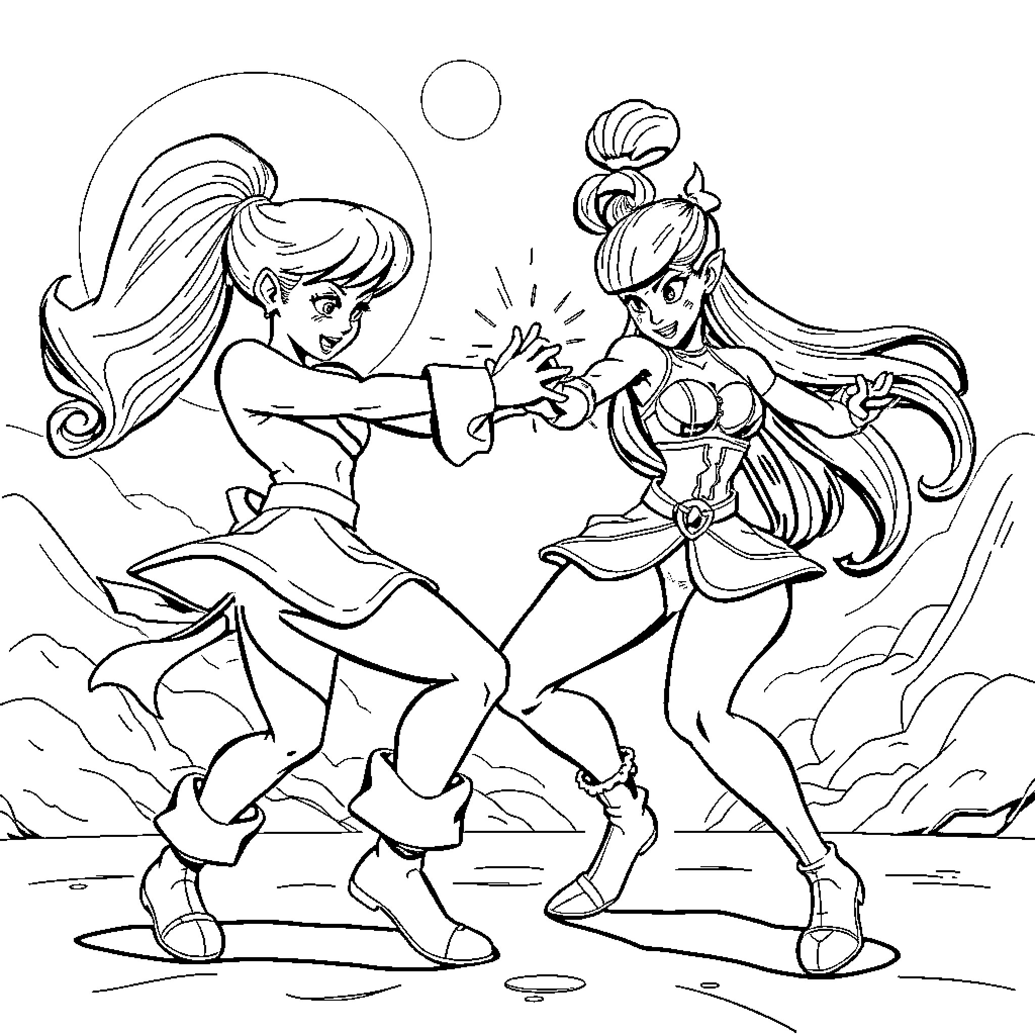 Bell Sisters Playfully Sparring Outdoors Coloring Page (free black-and-white line drawing printable PDF for all, from beginners to advanced learners, including children, teens, adults, and seniors)