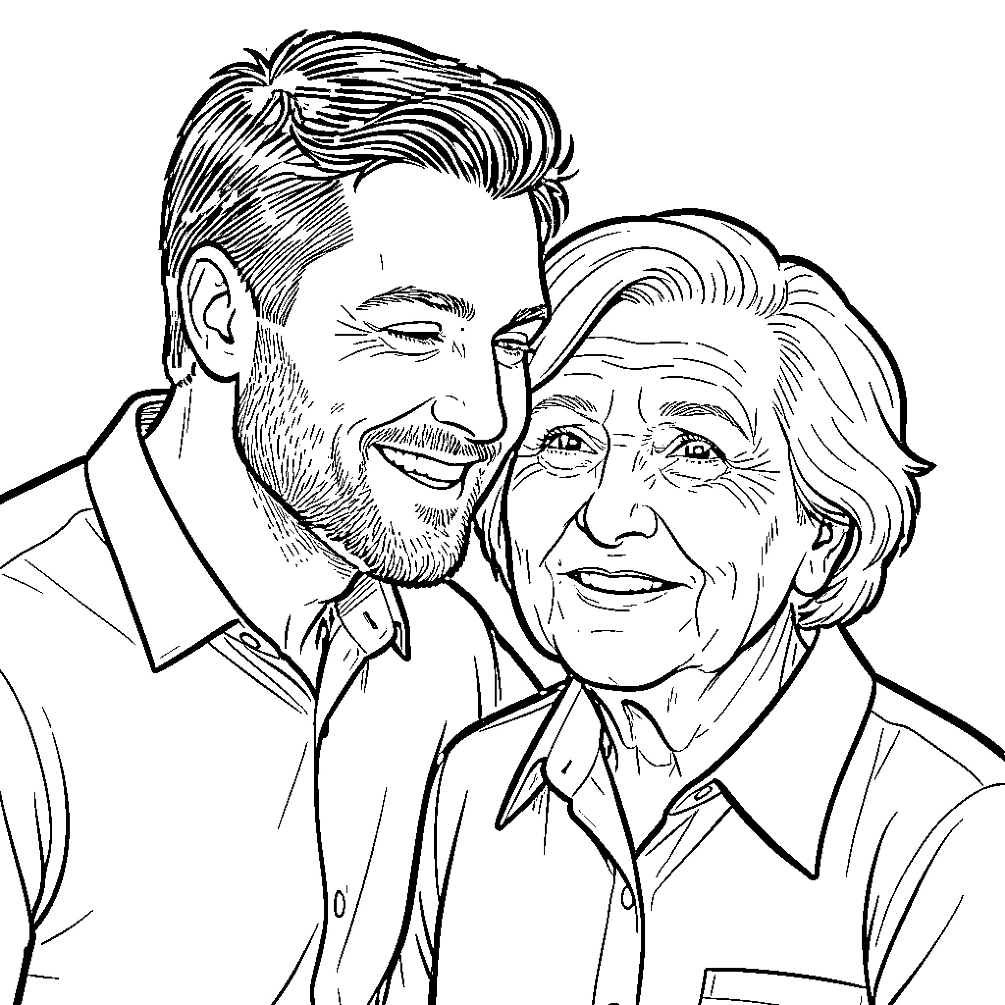 Tom Brady Posing with Elderly Woman Coloring Page (free black-and-white line drawing printable PDF for all, from beginners to advanced learners, including children, teens, adults, and seniors)