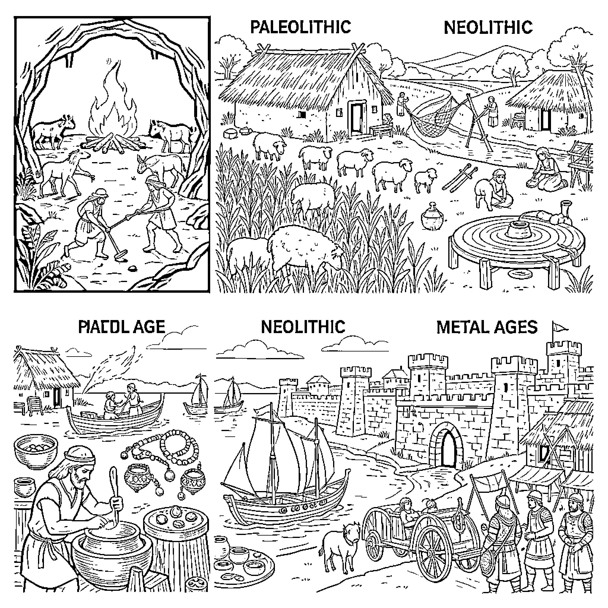 Age of Humanity: Scenes from the Past Coloring Page (free black-and-white line drawing printable PDF for all, from beginners to advanced learners, including children, teens, adults, and seniors)