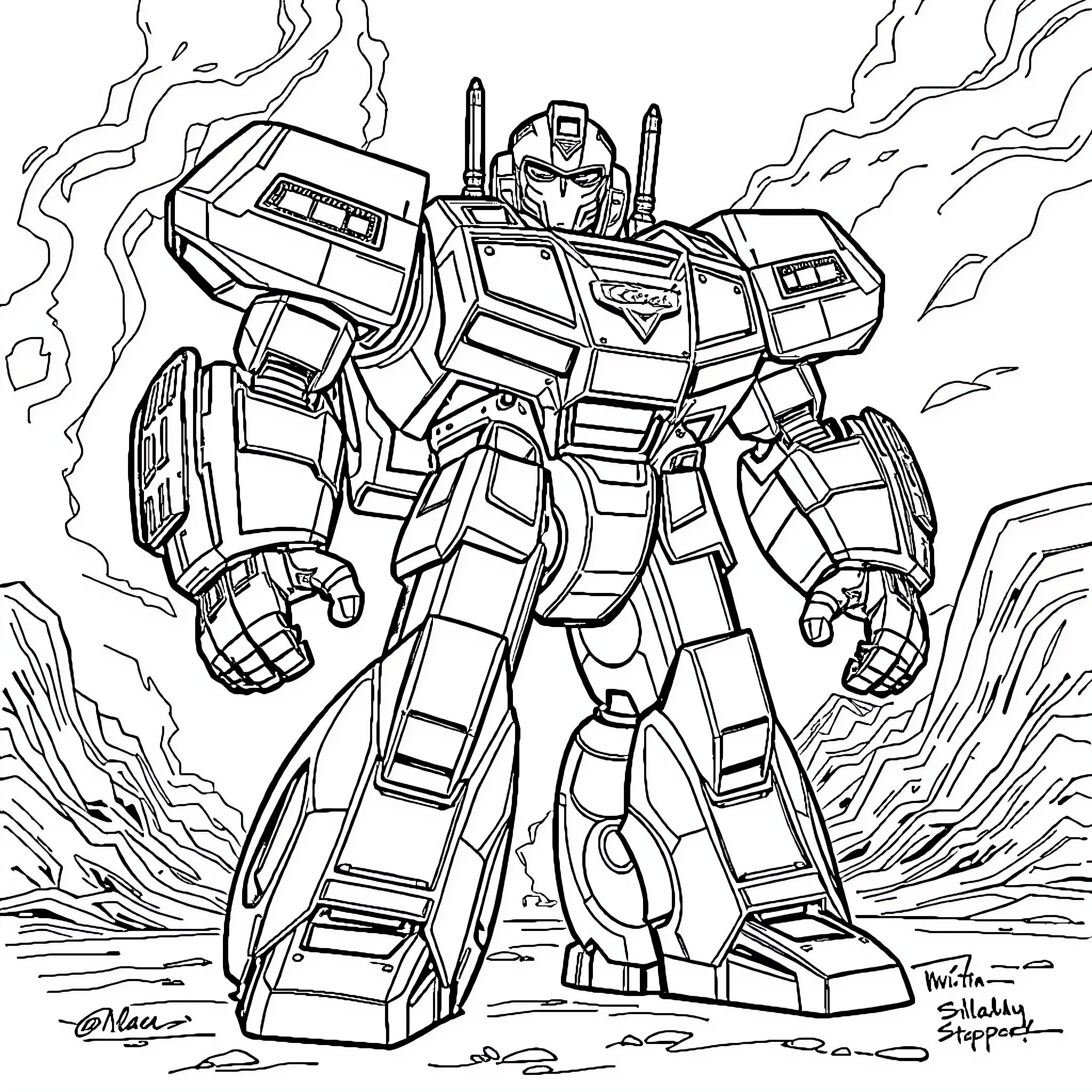 Lightning McQueen Robotic Transformation in Futuristic Scene Coloring Page (free black-and-white line drawing printable PDF for all, from beginners to advanced learners, including children, teens, adults, and seniors)