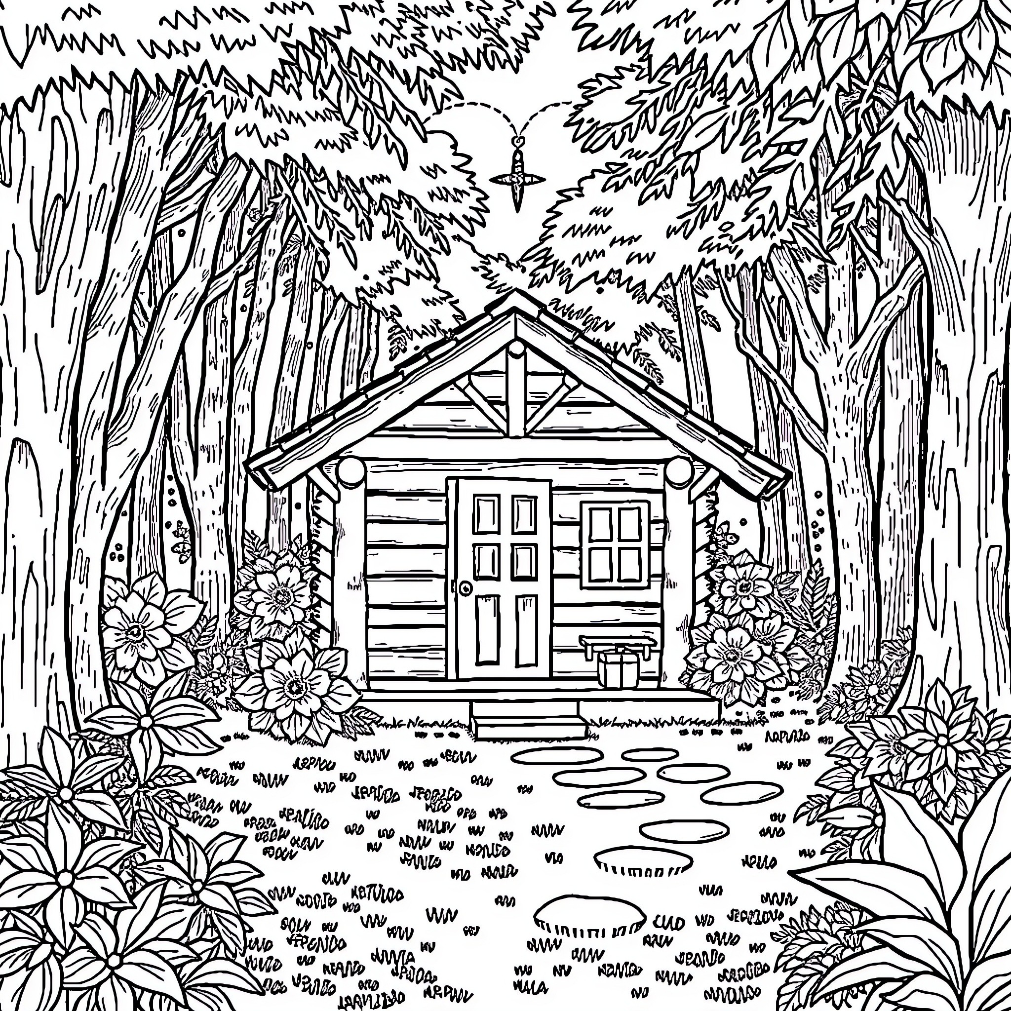 Cabin in the Enchanted Forest Coloring Page (free black-and-white line drawing printable PDF for all, from beginners to advanced learners, including children, teens, adults, and seniors)