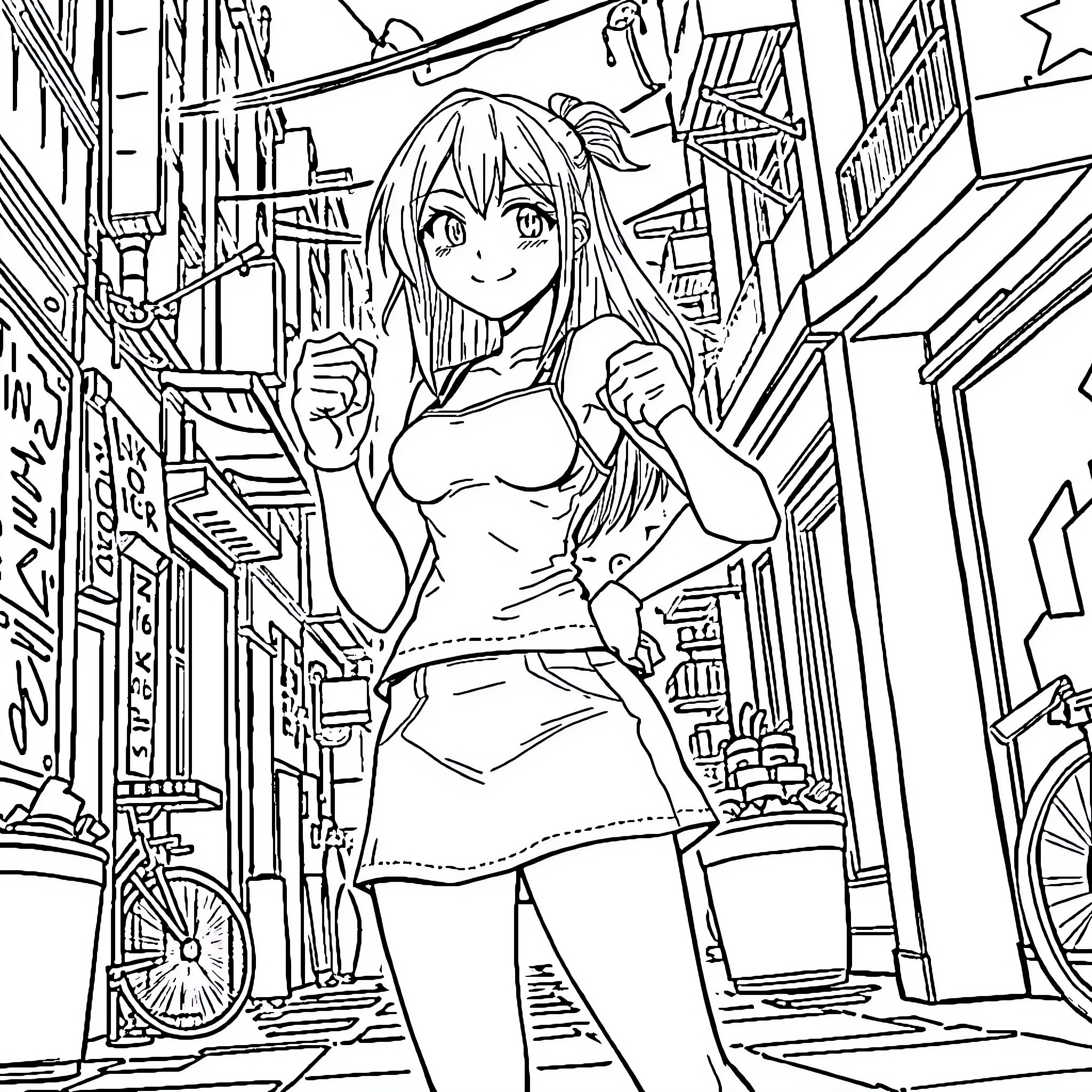 Tifa exploring an urban setting Coloring Page (free black-and-white line drawing printable PDF for all, from beginners to advanced learners, including children, teens, adults, and seniors)