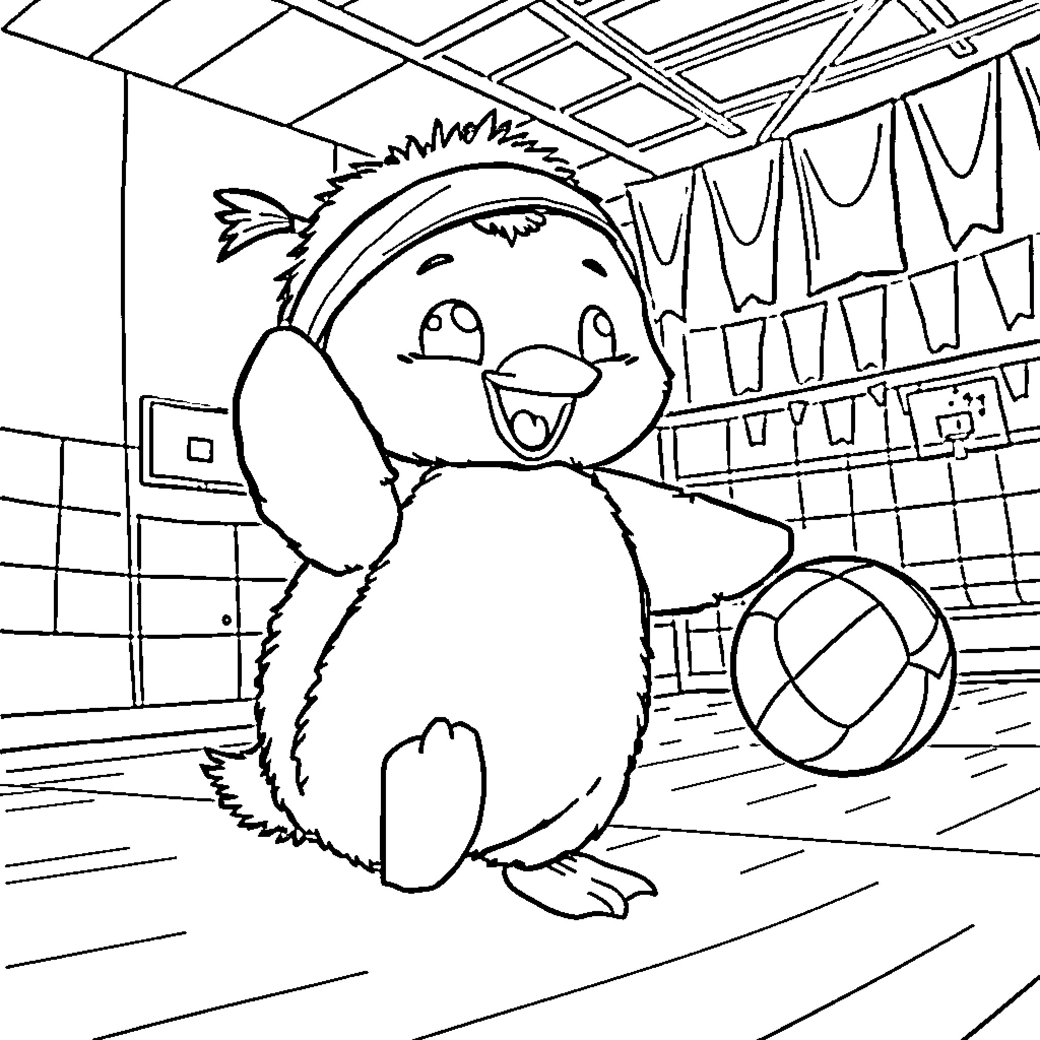 Penguin playing happily in a gym Coloring Page (free black-and-white line drawing printable PDF for all, from beginners to advanced learners, including children, teens, adults, and seniors)