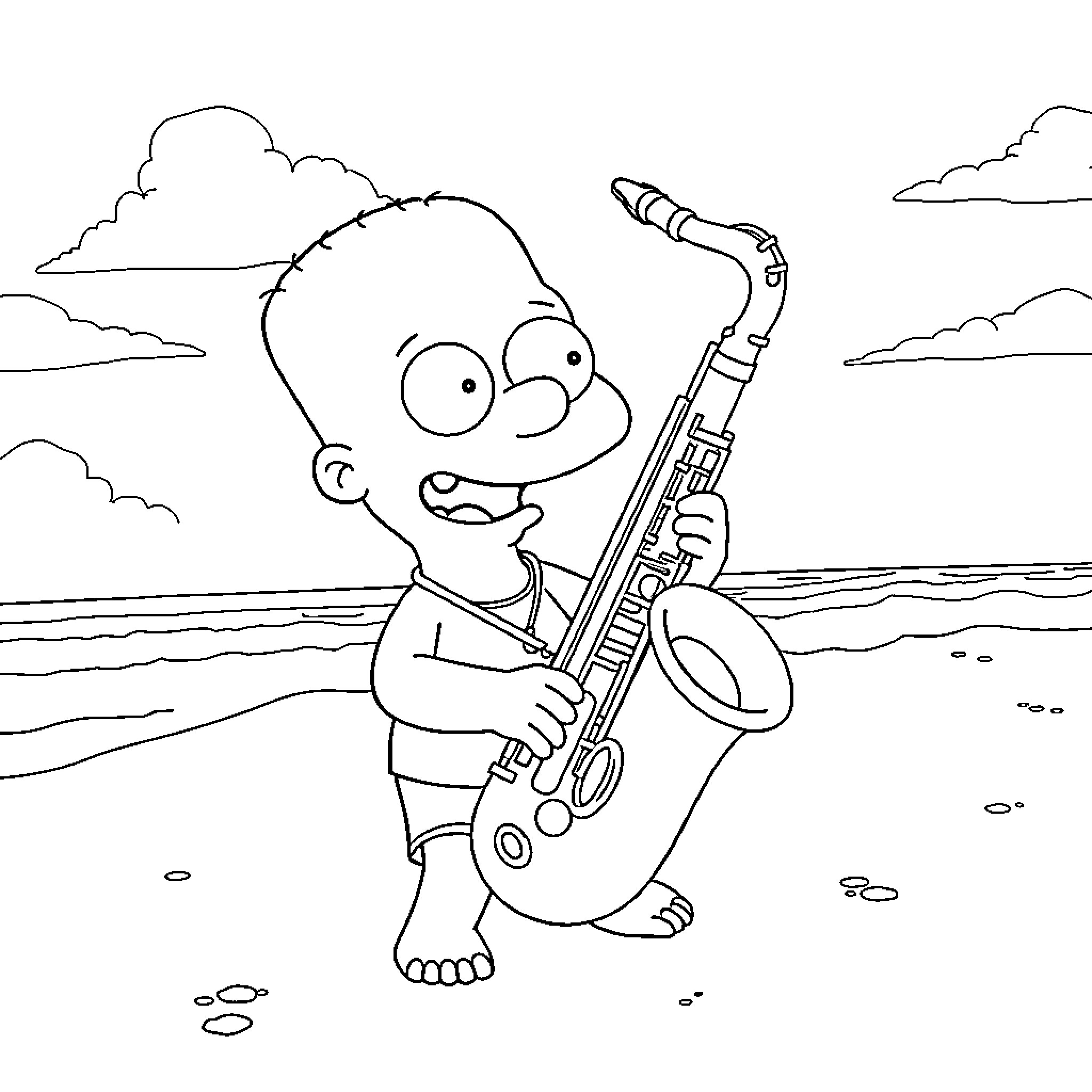 Stewie Griffin playing saxophone on the beach Coloring Page (free black-and-white line drawing printable PDF for all, from beginners to advanced learners, including children, teens, adults, and seniors)