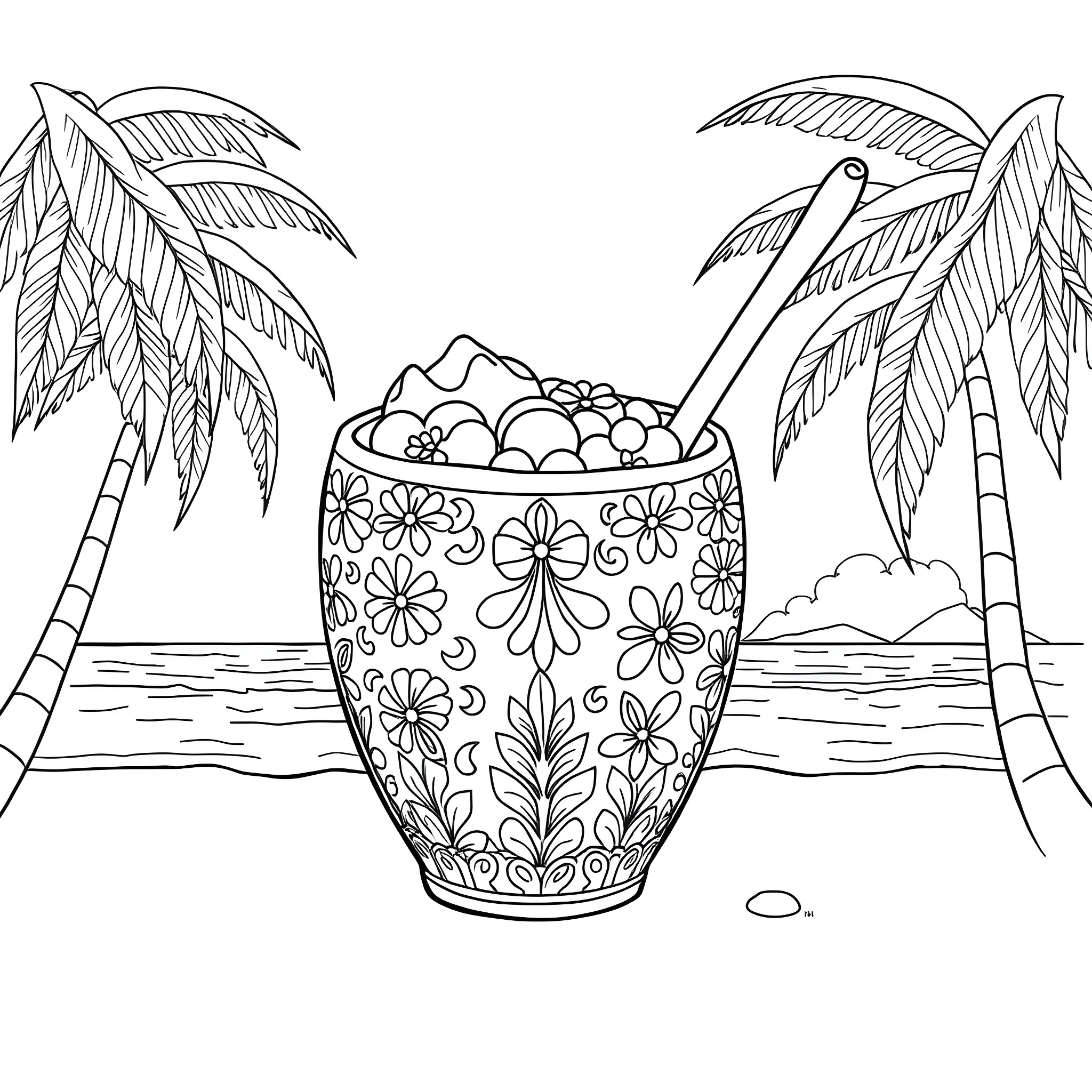 Coconut cocktail in tropical beach scene Coloring Page (free black-and-white line drawing printable PDF for all, from beginners to advanced learners, including children, teens, adults, and seniors)