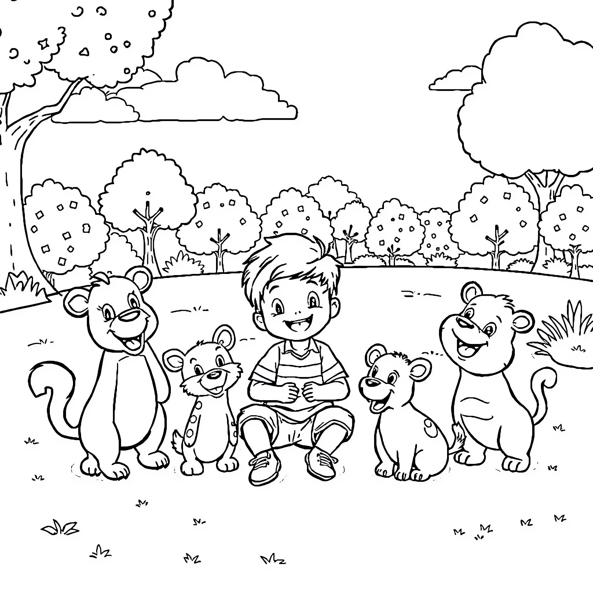 Boy enjoying playing with cute animals in the park Coloring Page (free black-and-white line drawing printable PDF for all, from beginners to advanced learners, including children, teens, adults, and seniors)