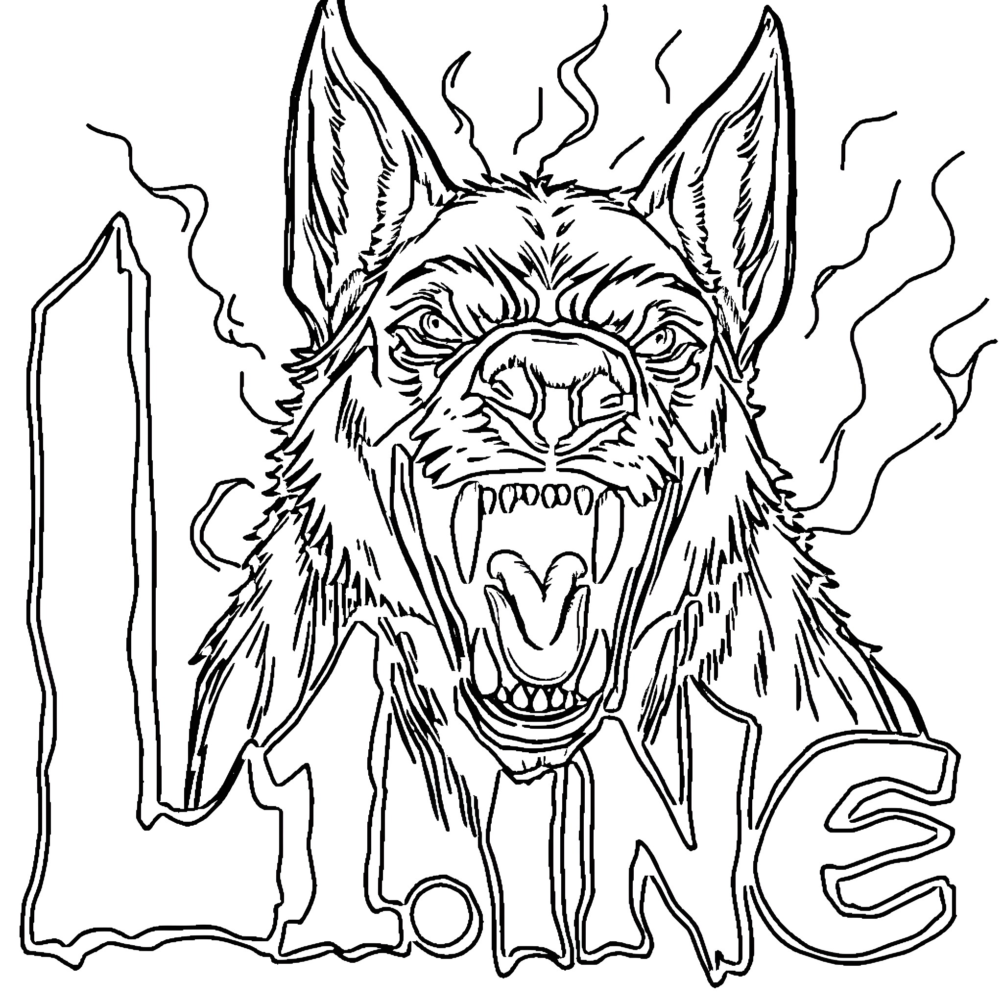 Wordy Snarling Creature with Pointed Ears Coloring Page (free black-and-white line drawing printable PDF for all, from beginners to advanced learners, including children, teens, adults, and seniors)