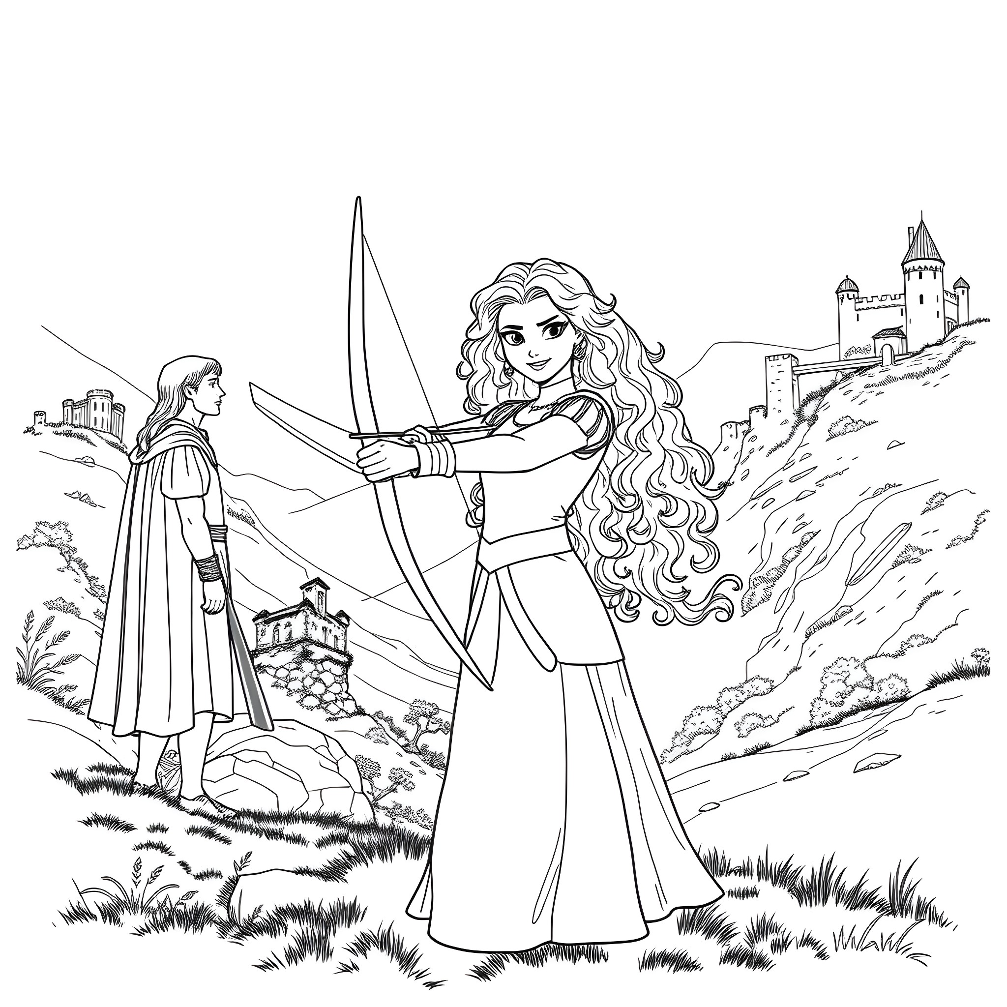 Merida showcasing her archery skills in the Scottish countryside Coloring Page (free black-and-white line drawing printable PDF for all, from beginners to advanced learners, including children, teens, adults, and seniors)