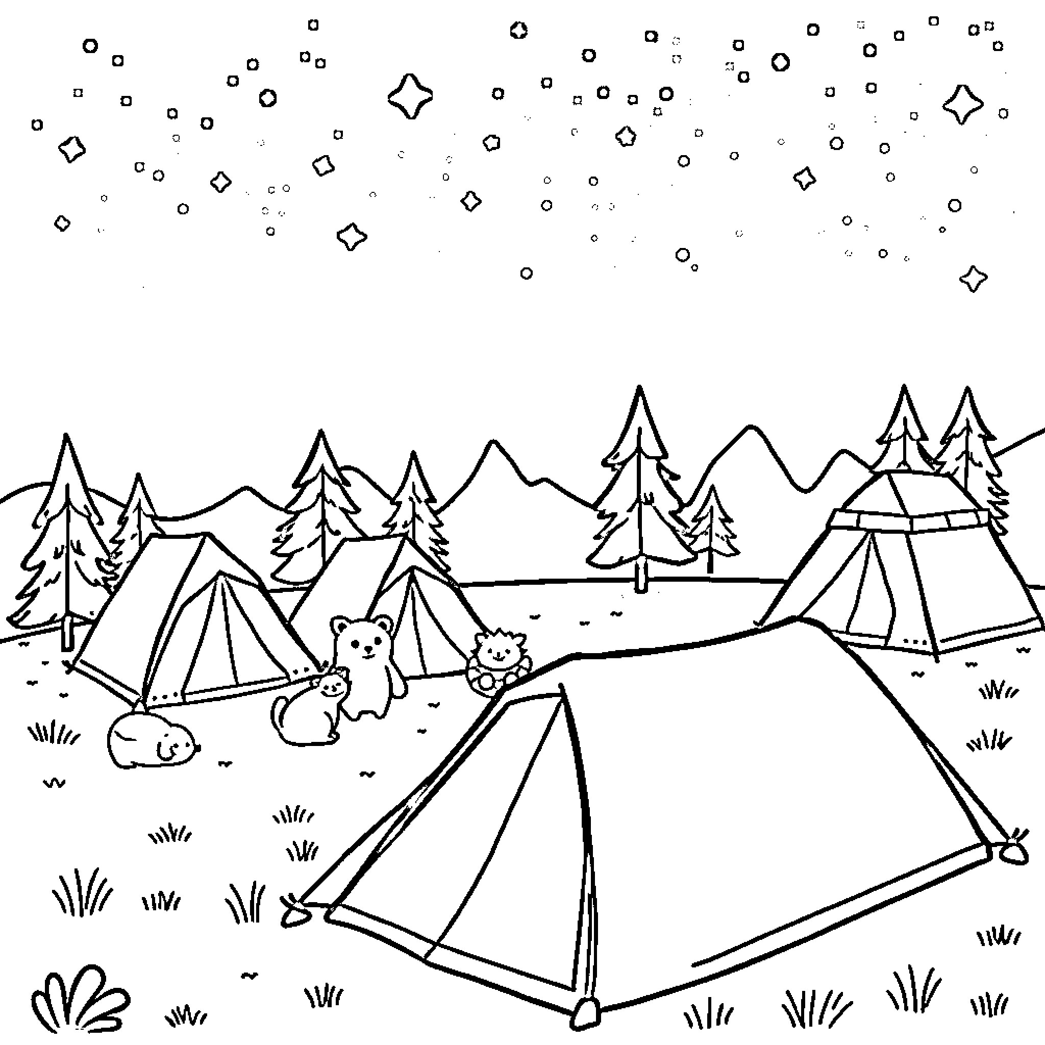 Camping adventure in the mountains Coloring Page (free black-and-white line drawing printable PDF for all, from beginners to advanced learners, including children, teens, adults, and seniors)