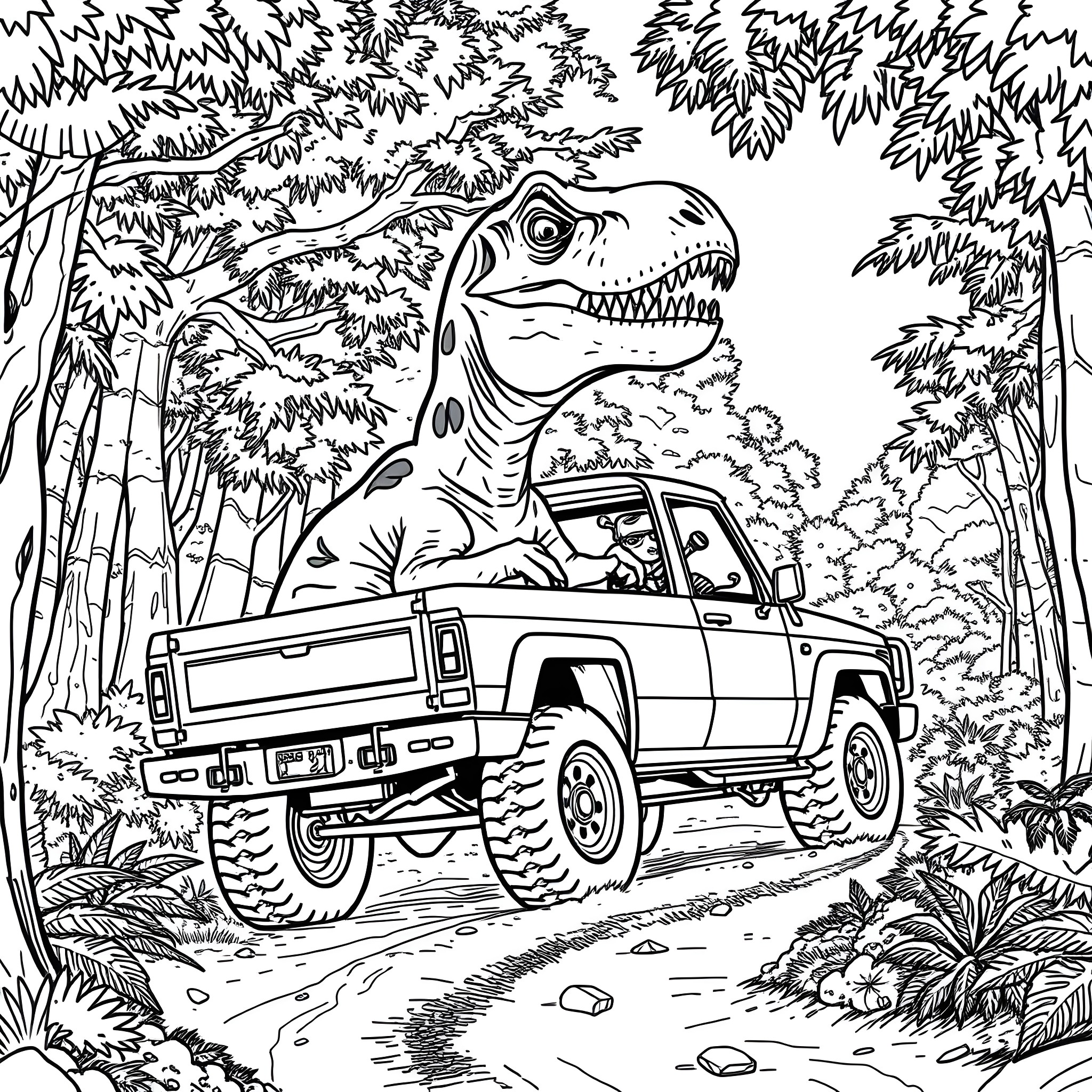 T-Rex driving a 4x4 truck through the jungle Coloring Page (free black-and-white line drawing printable PDF for all, from beginners to advanced learners, including children, teens, adults, and seniors)
