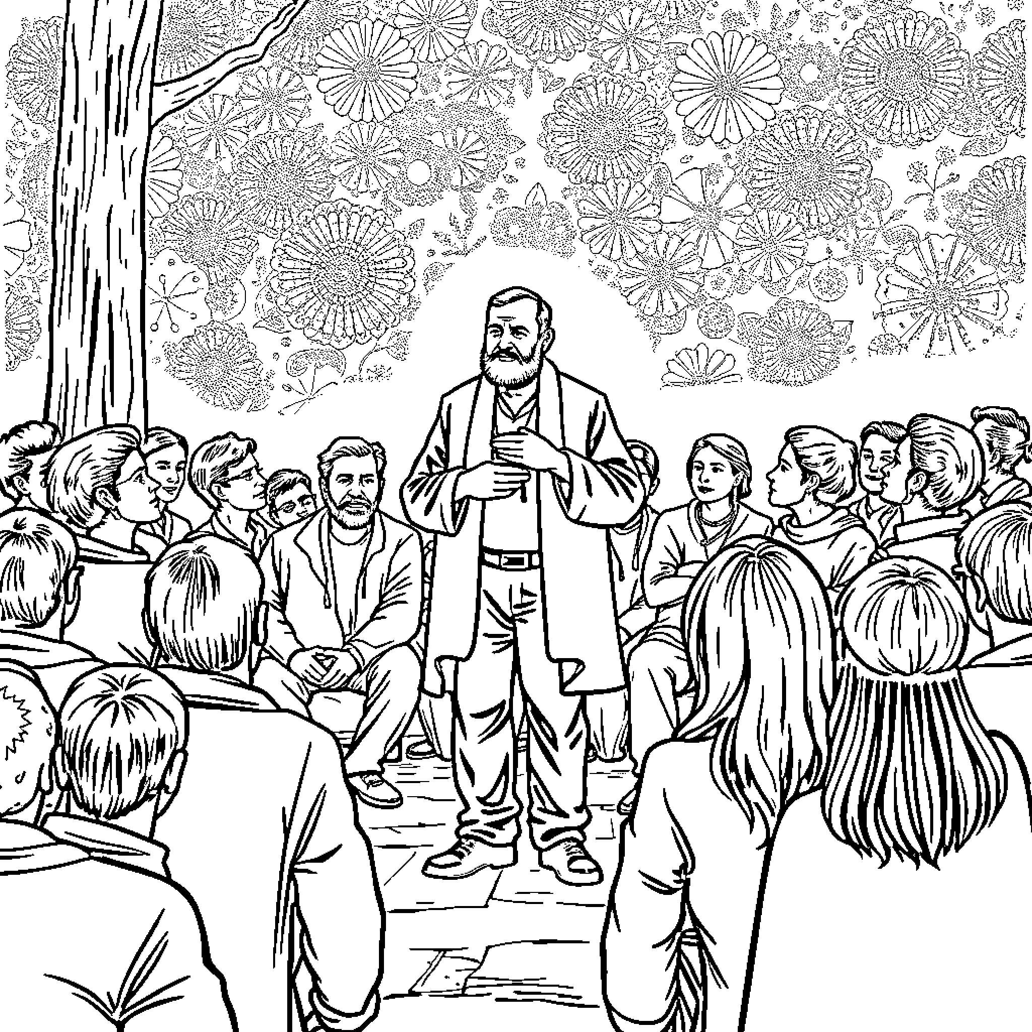 Bruno Groening speaking before a crowd Coloring Page (free black-and-white line drawing printable PDF for all, from beginners to advanced learners, including children, teens, adults, and seniors)