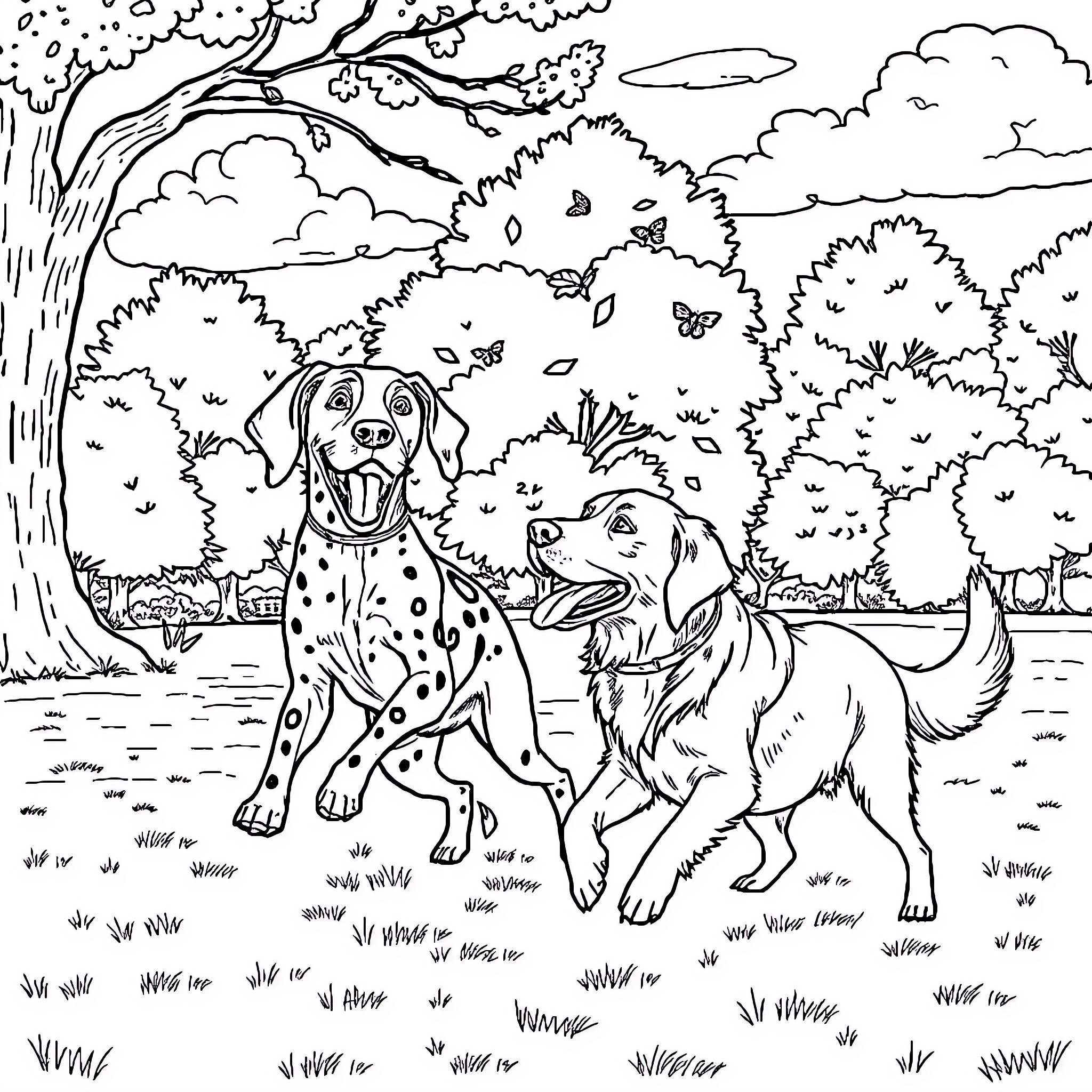 Dogs playing together in a beautiful outdoor scene Coloring Page (free black-and-white line drawing printable PDF for all, from beginners to advanced learners, including children, teens, adults, and seniors)