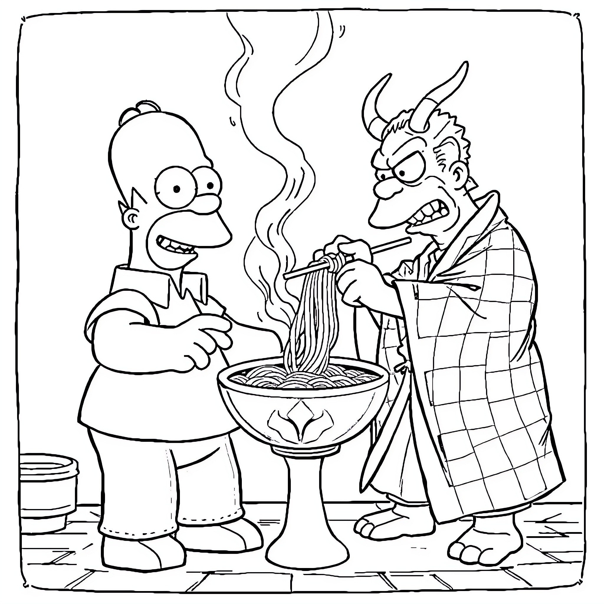 Homer Simpson cooking with the Devil Coloring Page (free black-and-white line drawing printable PDF for all, from beginners to advanced learners, including children, teens, adults, and seniors)