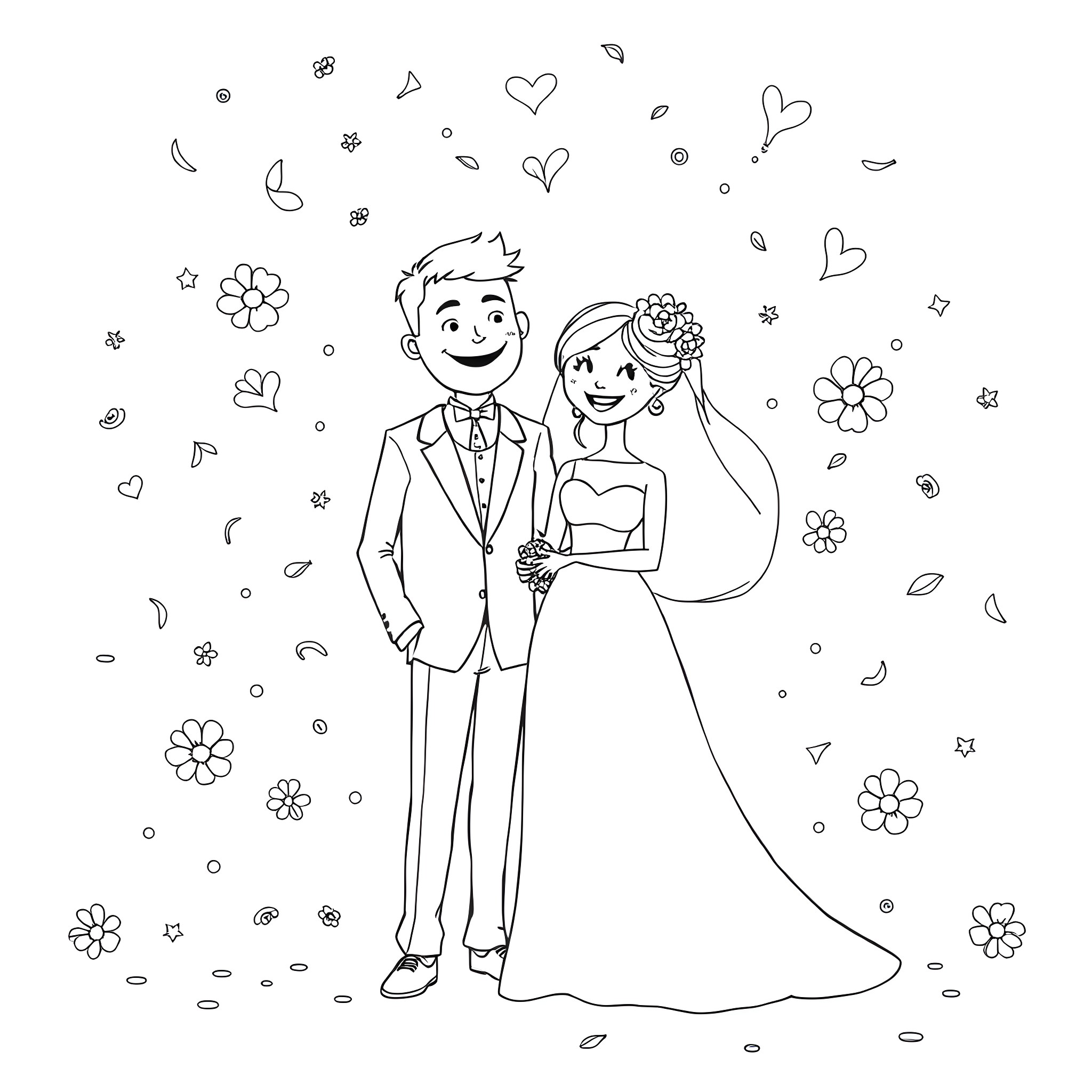 Bride and groom in a romantic wedding scene Coloring Page (free black-and-white line drawing printable PDF for all, from beginners to advanced learners, including children, teens, adults, and seniors)