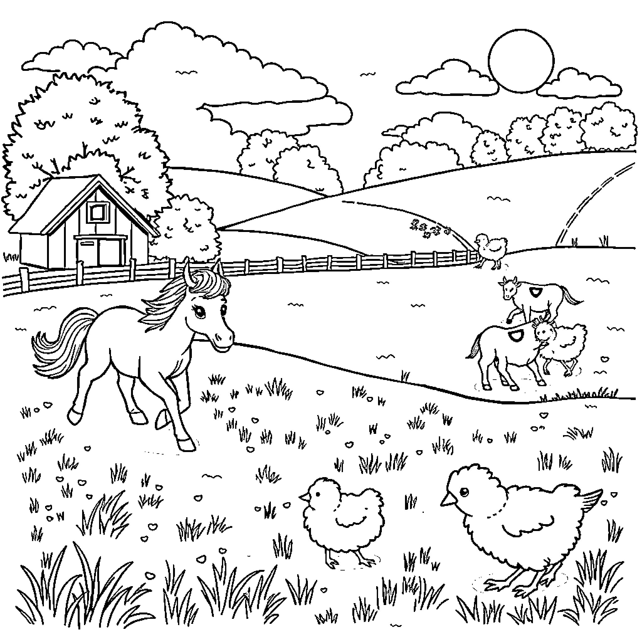Farm Animal Landscape with Domestic Animals Coloring Page (free black-and-white line drawing printable PDF for all, from beginners to advanced learners, including children, teens, adults, and seniors)
