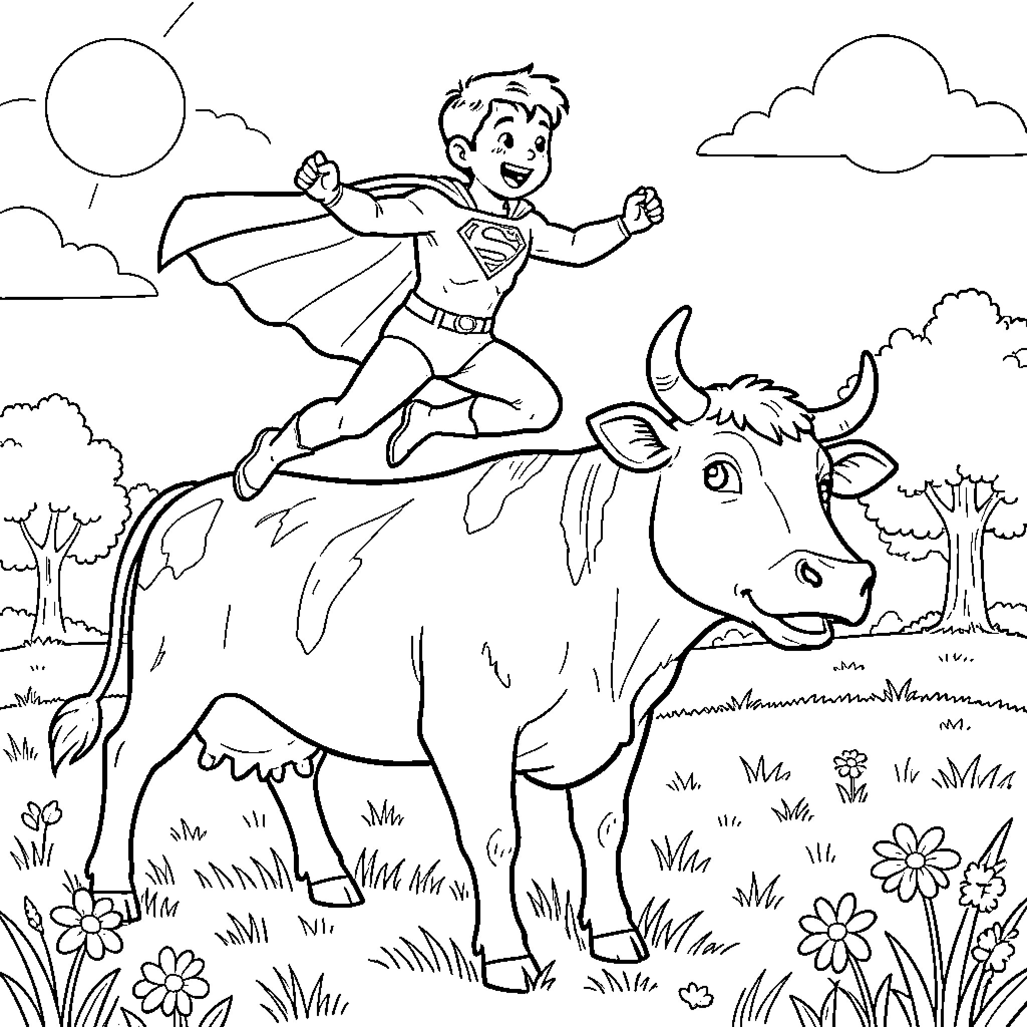 Kid dressed as superhero flying on a cow Coloring Page (free black-and-white line drawing printable PDF for all, from beginners to advanced learners, including children, teens, adults, and seniors)