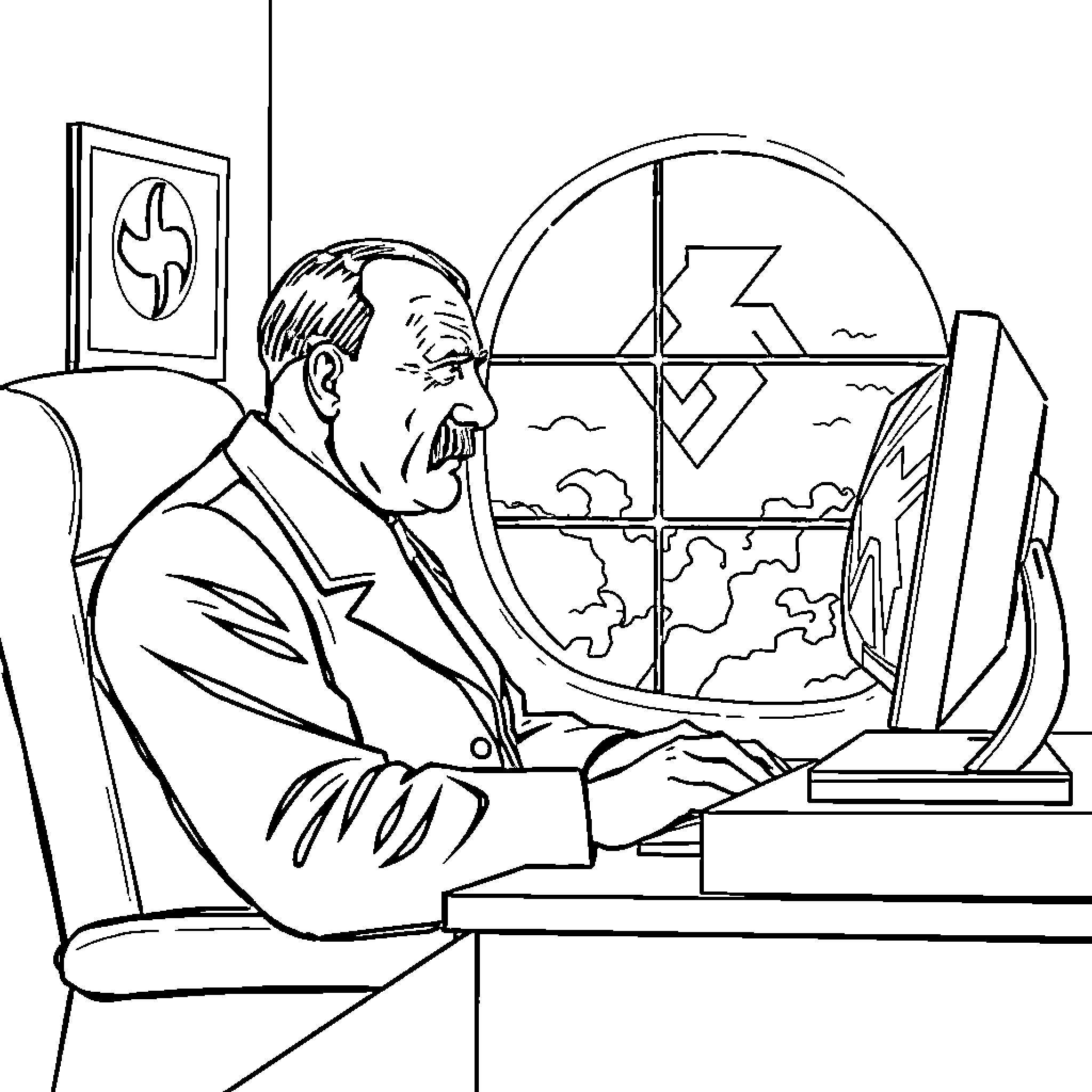 Adolf Hitler planning world domination at desk Coloring Page (free black-and-white line drawing printable PDF for all, from beginners to advanced learners, including children, teens, adults, and seniors)