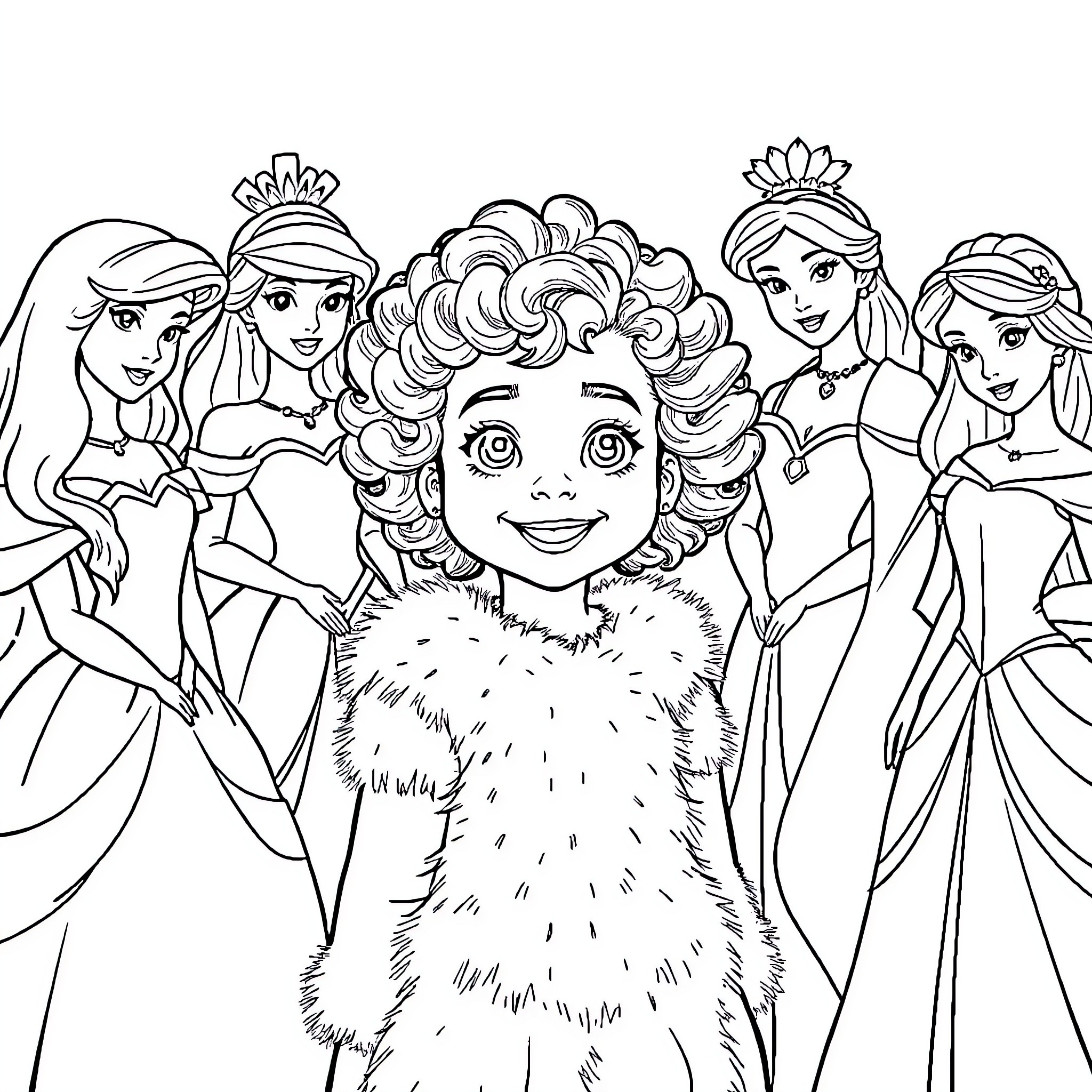 Girl surrounded by Disney princesses Coloring Page (free black-and-white line drawing printable PDF for all, from beginners to advanced learners, including children, teens, adults, and seniors)