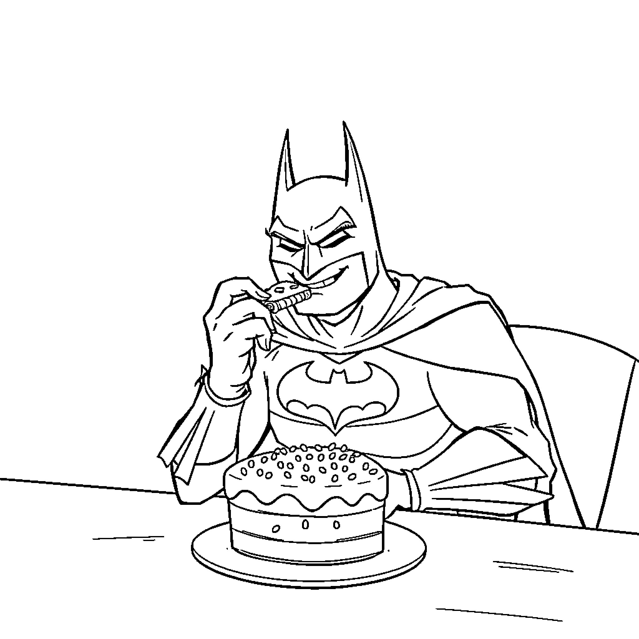 Batman celebrating with a birthday cake Coloring Page (free black-and-white line drawing printable PDF for all, from beginners to advanced learners, including children, teens, adults, and seniors)